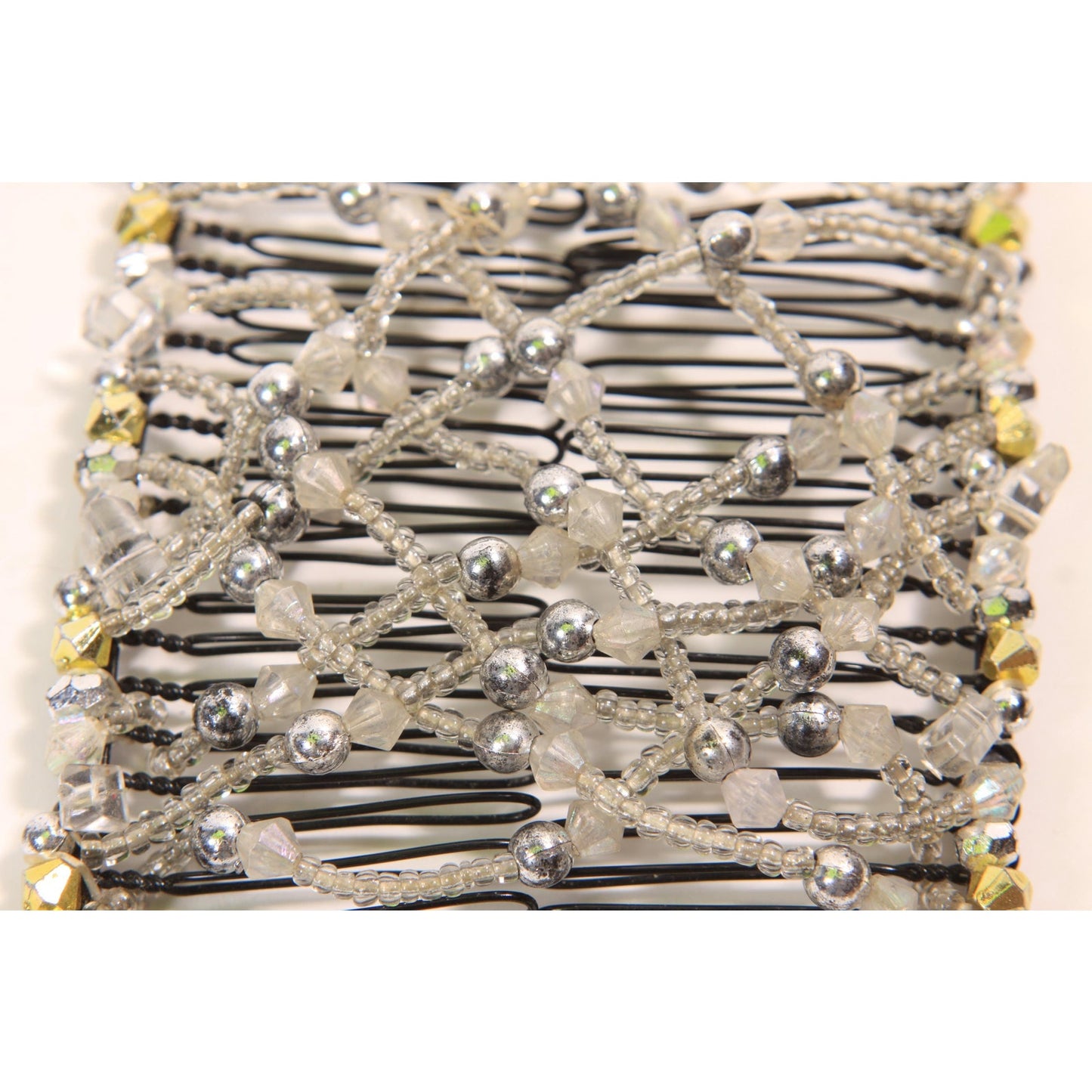 1990s 2000s Y2K Black, Silver and Gold Beaded EZ Stretch Hair Comb