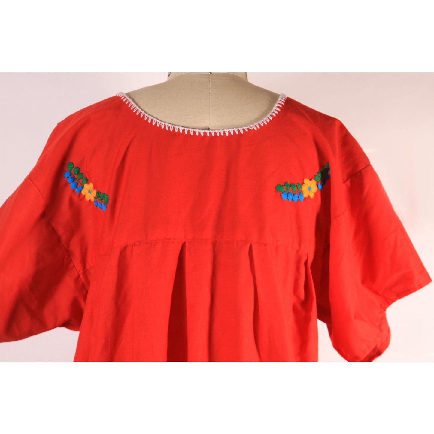 1970s Red Short Sleeve Multi-Colored Floral Embroidery Pueblan Mexican Blouse -1XL
