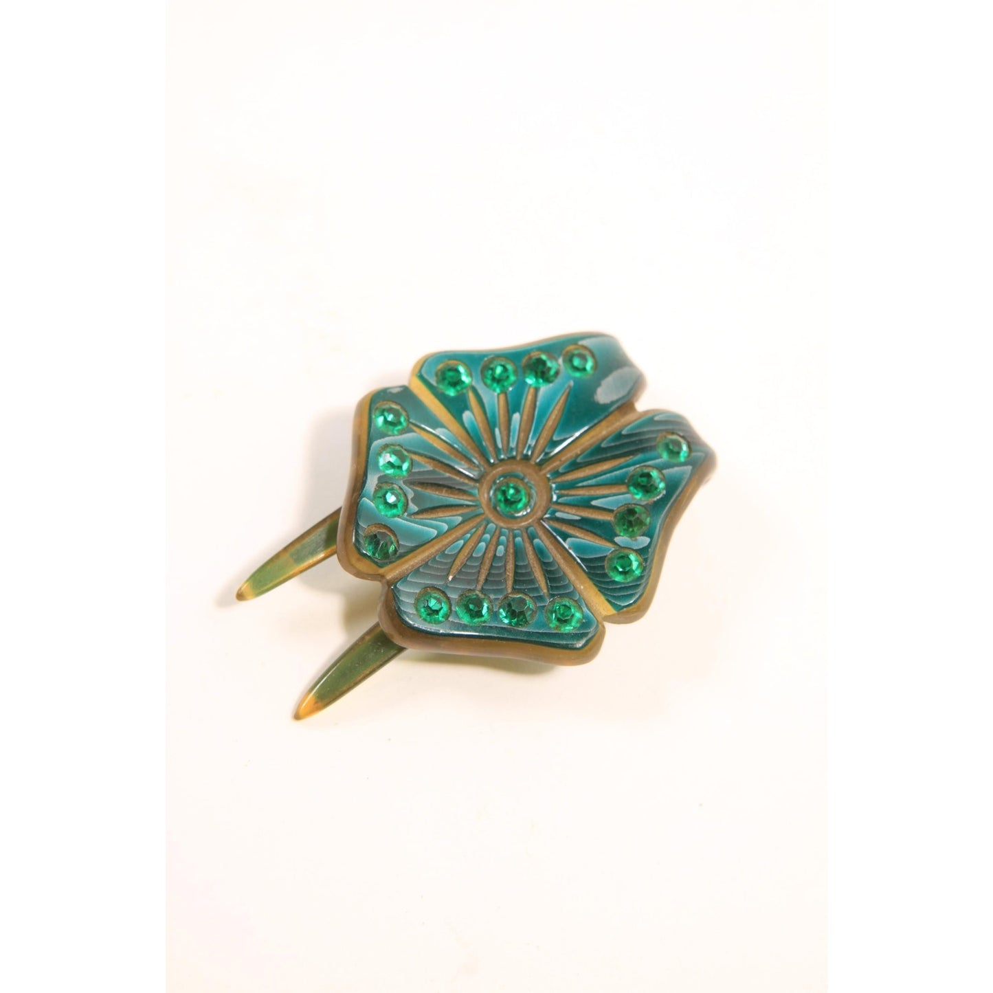 1930s Green Flower Floral Rhinestone Prong Hair Fork Comb