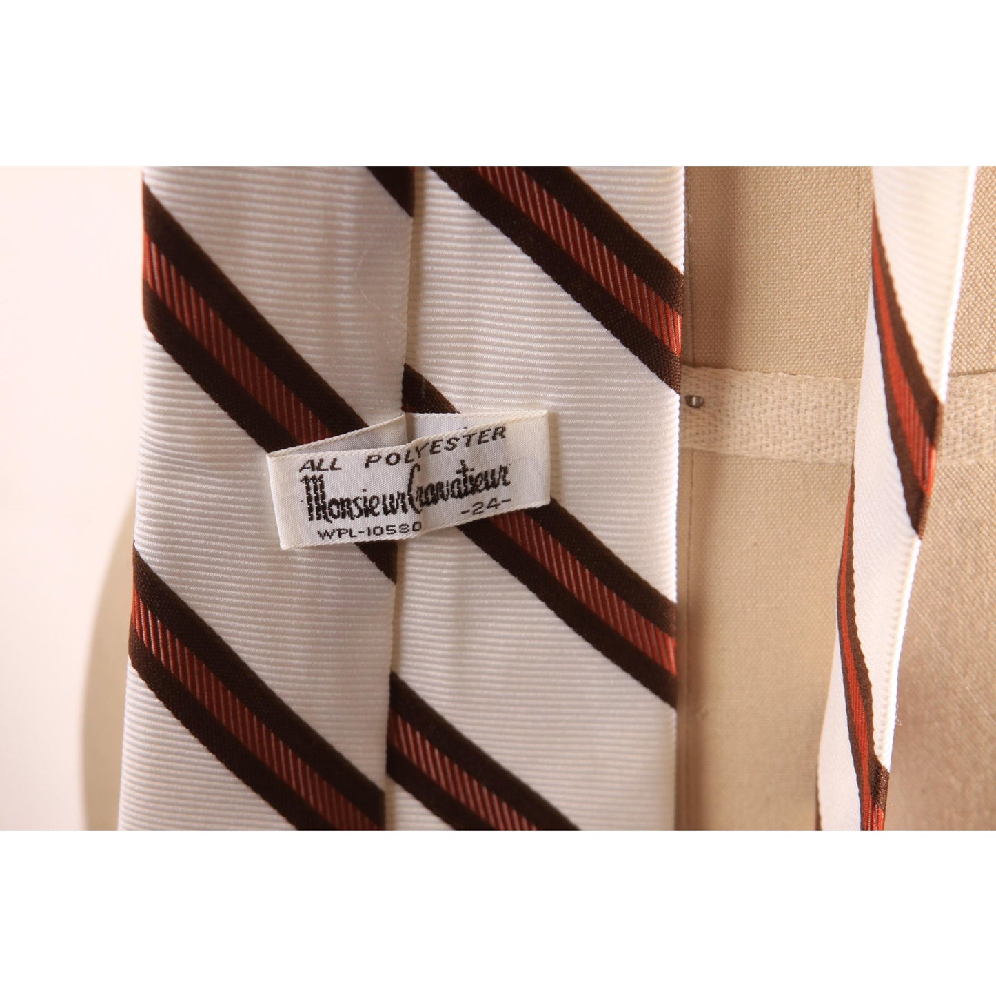 1970s Brown and White Striped Wide Necktie Tie by Monsieur Cravatieur