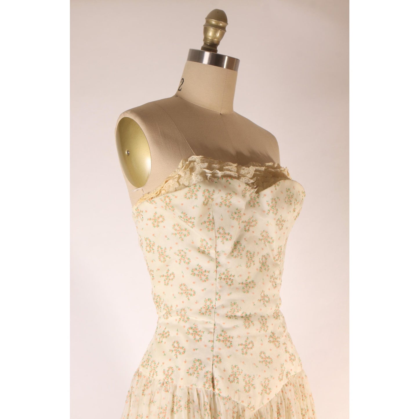 1940s Cream Off White Pink and Green Floral Bow Flocked Velvet Strapless Floor Length Formal Dress