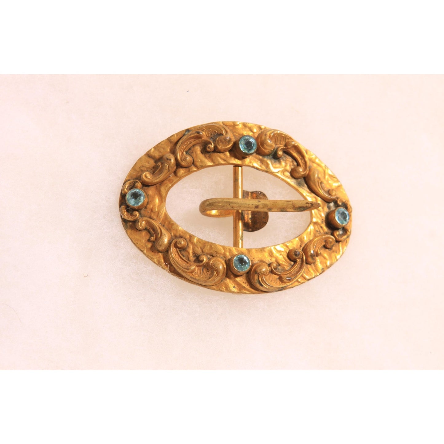 Antique 1900s Edwardian Gold Tone Metal and Blue Stone Art Nouveau Belt Buckle