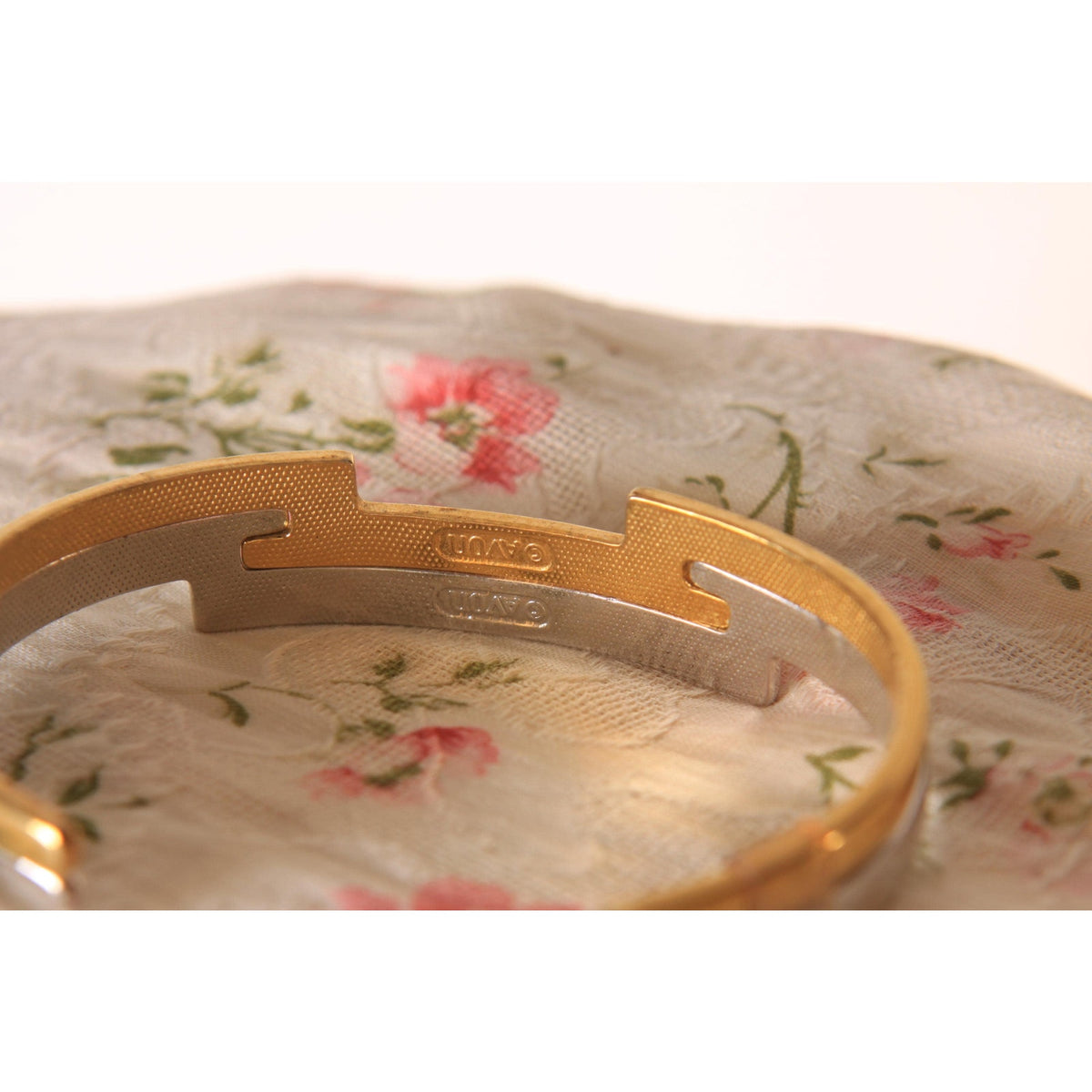 Late 1970s Early 1980s Silver Tone and Gold Tone Metal Art Deco Style Cuff Bracelet by Avon
