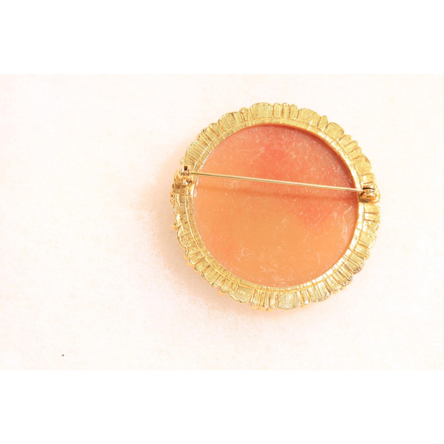 1960s 1970s Peach Pink and Cream Gold Tone Metal Cameo Woman and Cherub Cameo Brooch