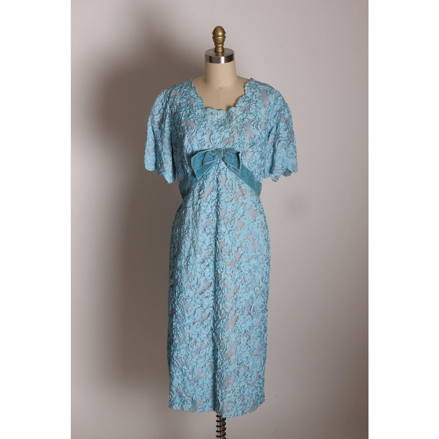 Early 1960s Blue Soutache Lace Short Sleeve Formal Blue Velvet Bow Dress with Matching 3/4 Length Sleeve Jacket -XL
