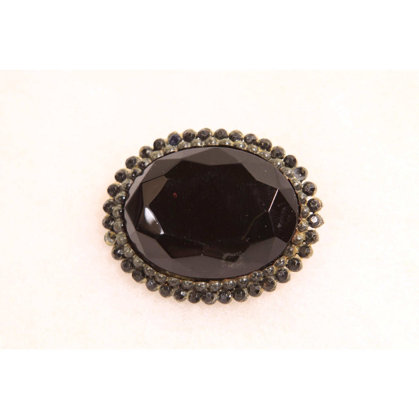 1960s Black Glass Faceted Cabochan Oval Brooch by HAR