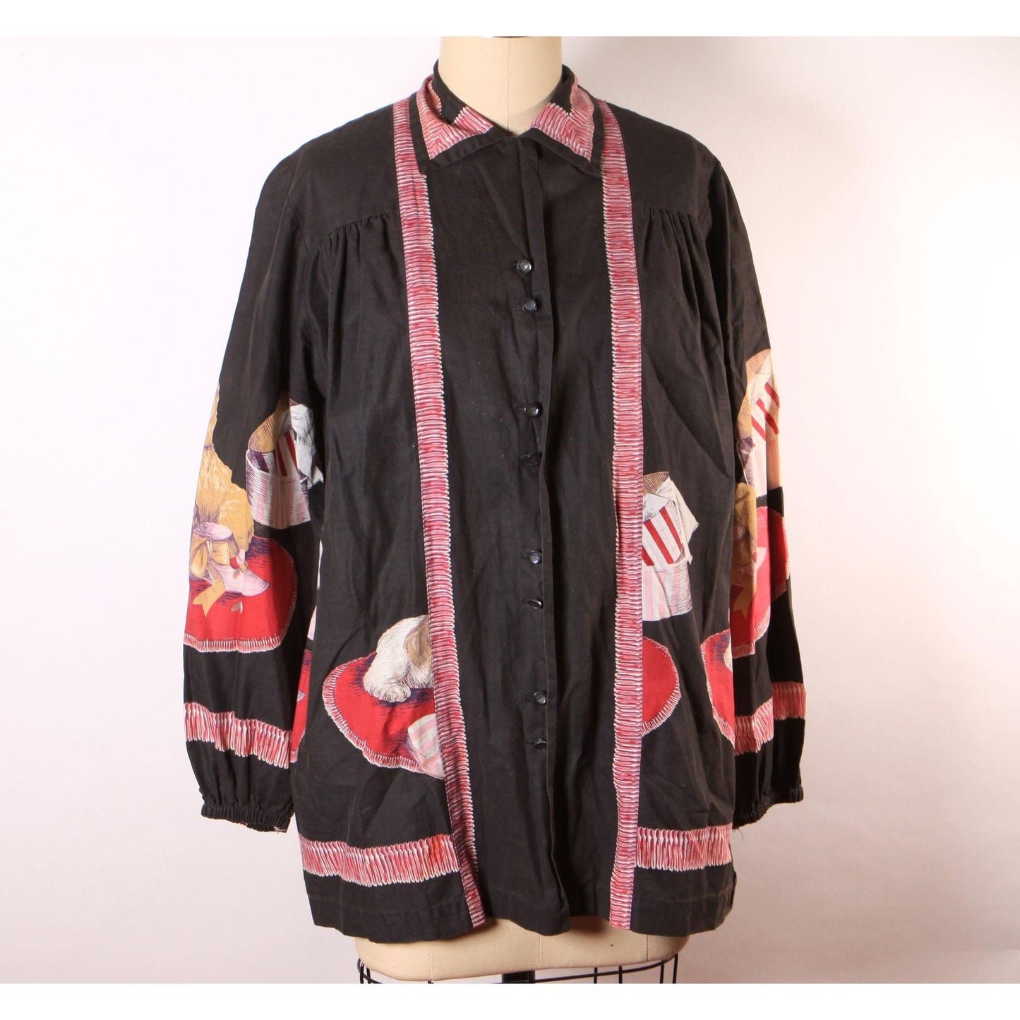 1950s Novelty Puppies and Presents Black Long Sleeve John Wolf Print Blouse Smock Top -XL