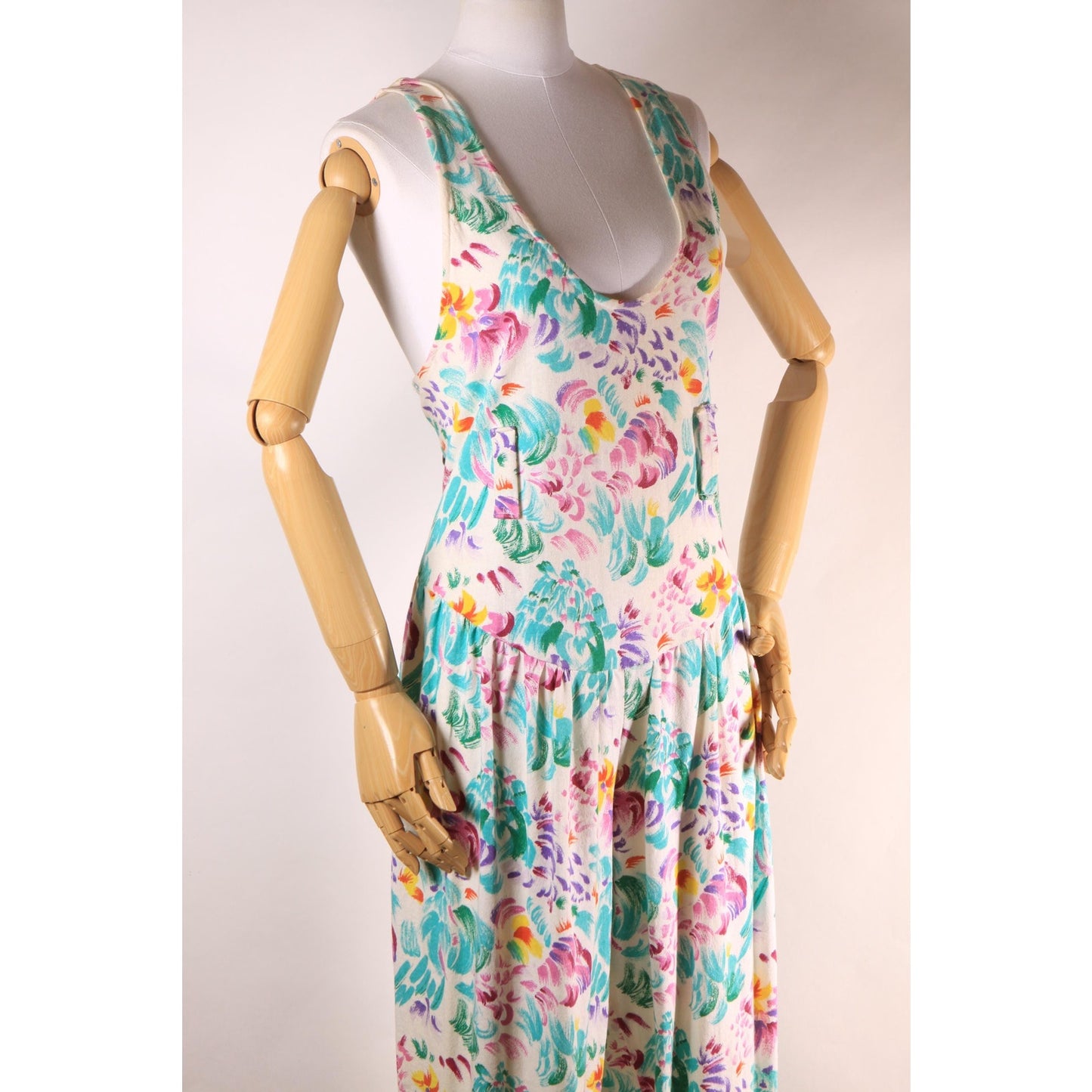 1980s White and Multi-Colored Floral Wide Strap Drop Waist One Piece Jumpsuit -L-XL