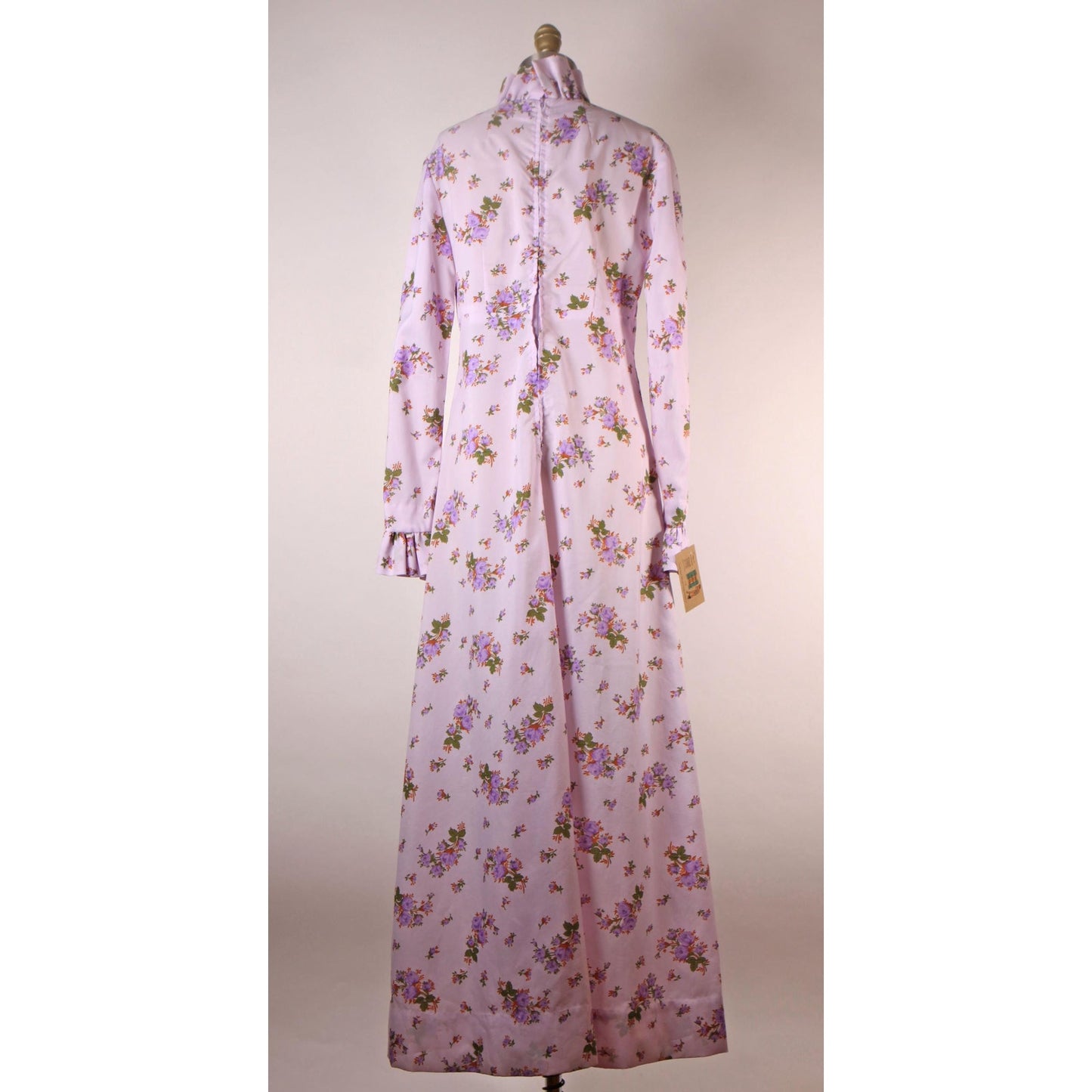 1970s Purple Floral Flower Print Long Statement Sleeve Ruffle Collar Maxi Dress -M