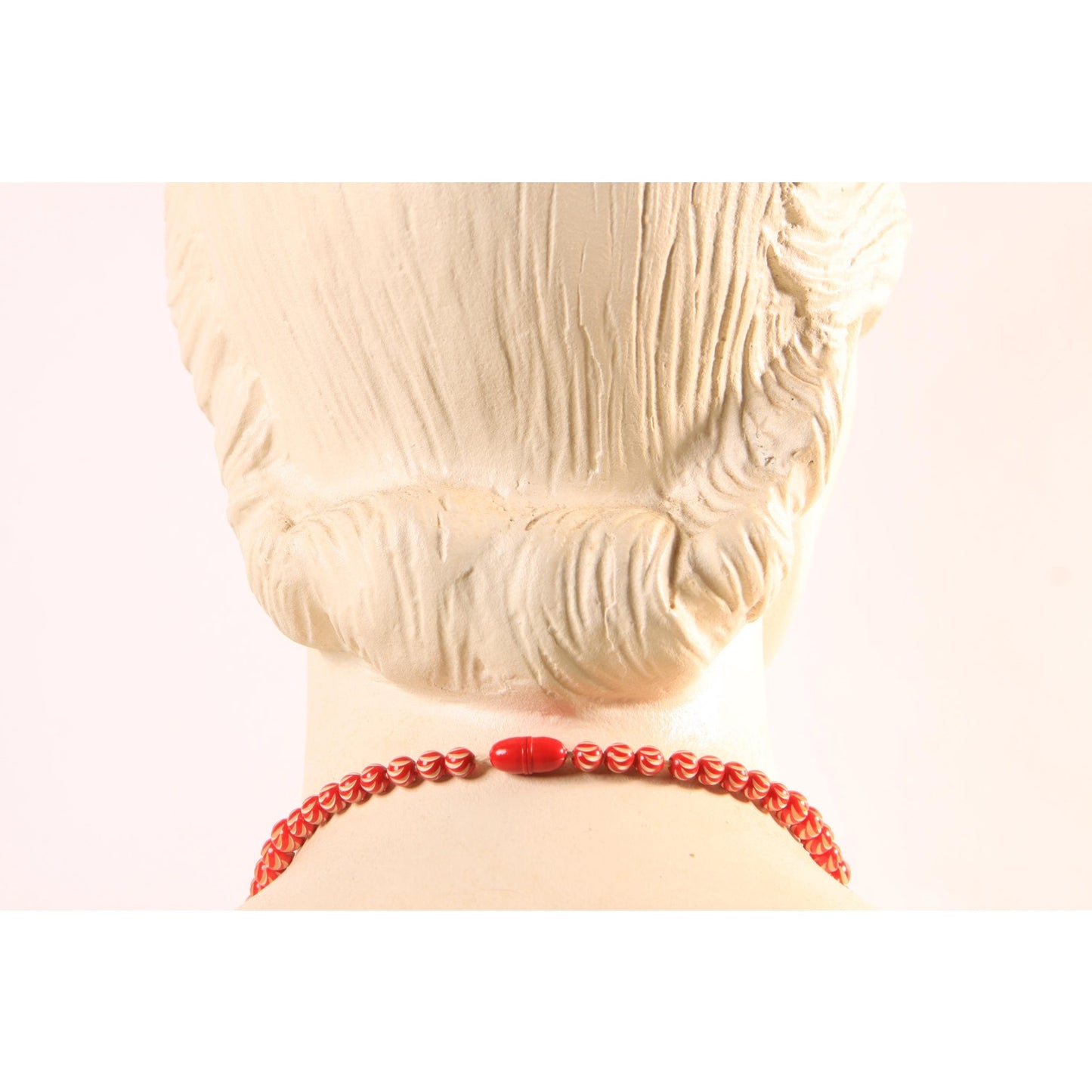 1920s Red and Cream Off White Carved French Galalith Beaded Necklace
