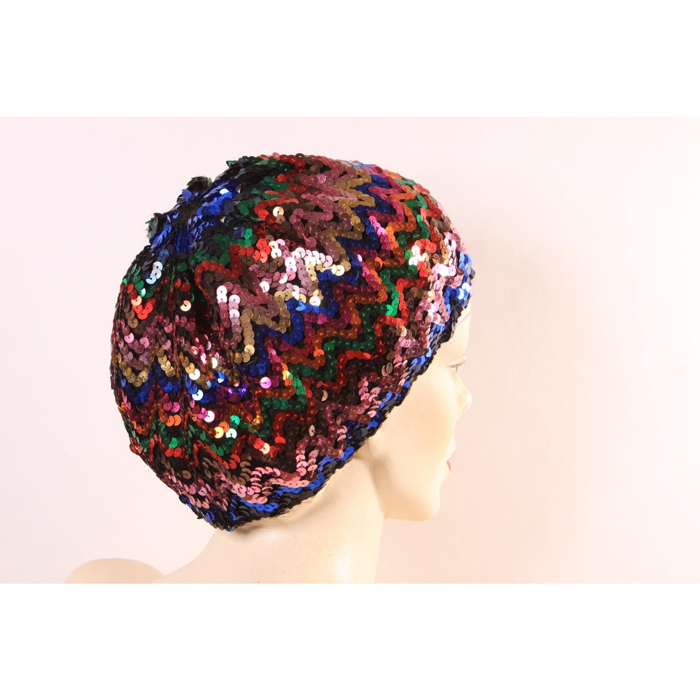 1970s 1980s Black and Multi-Colored Rainbow Sequin Slouchy Hat