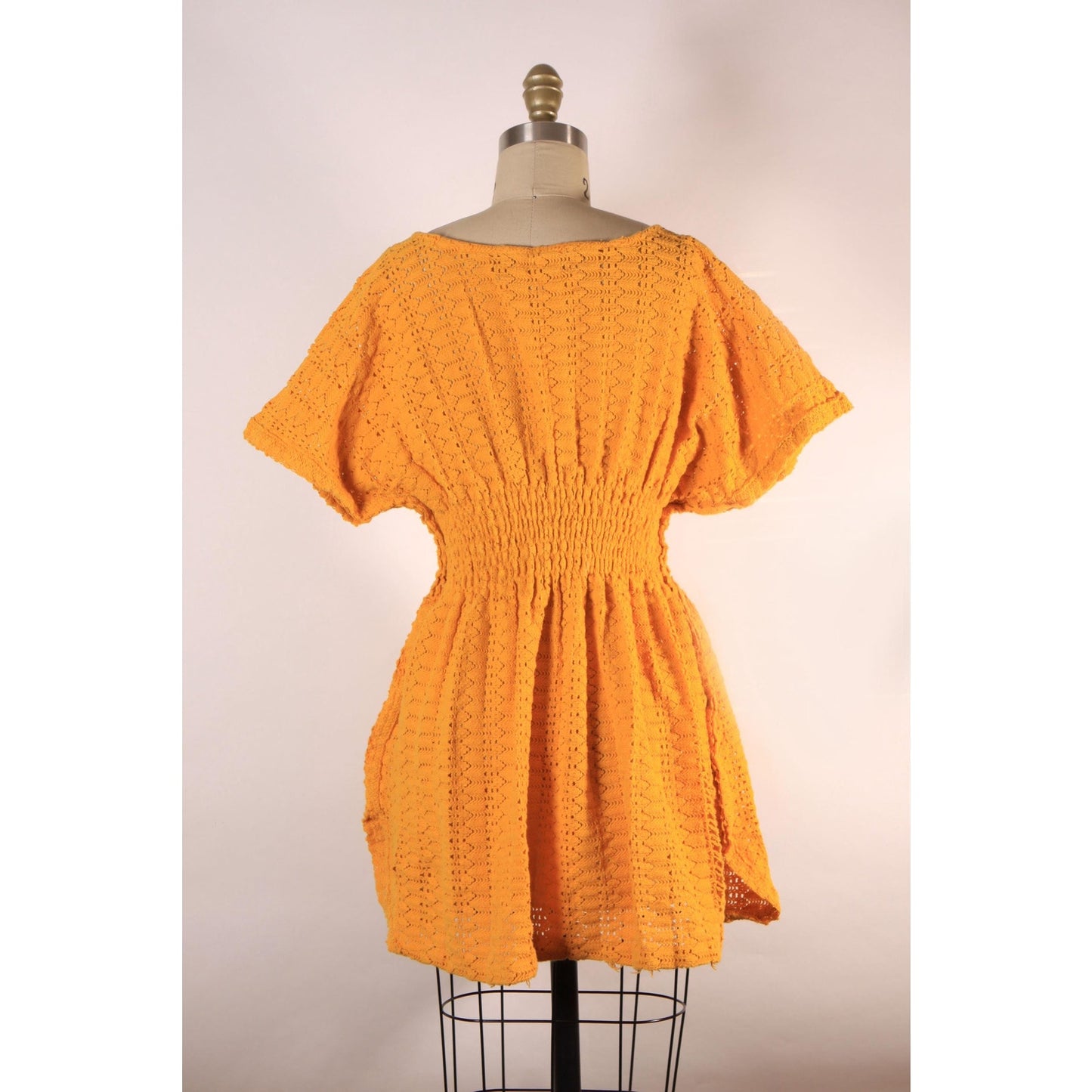 1970s Golden Harvest Yellow Smocked Short Sleeve Knit Blouse -L