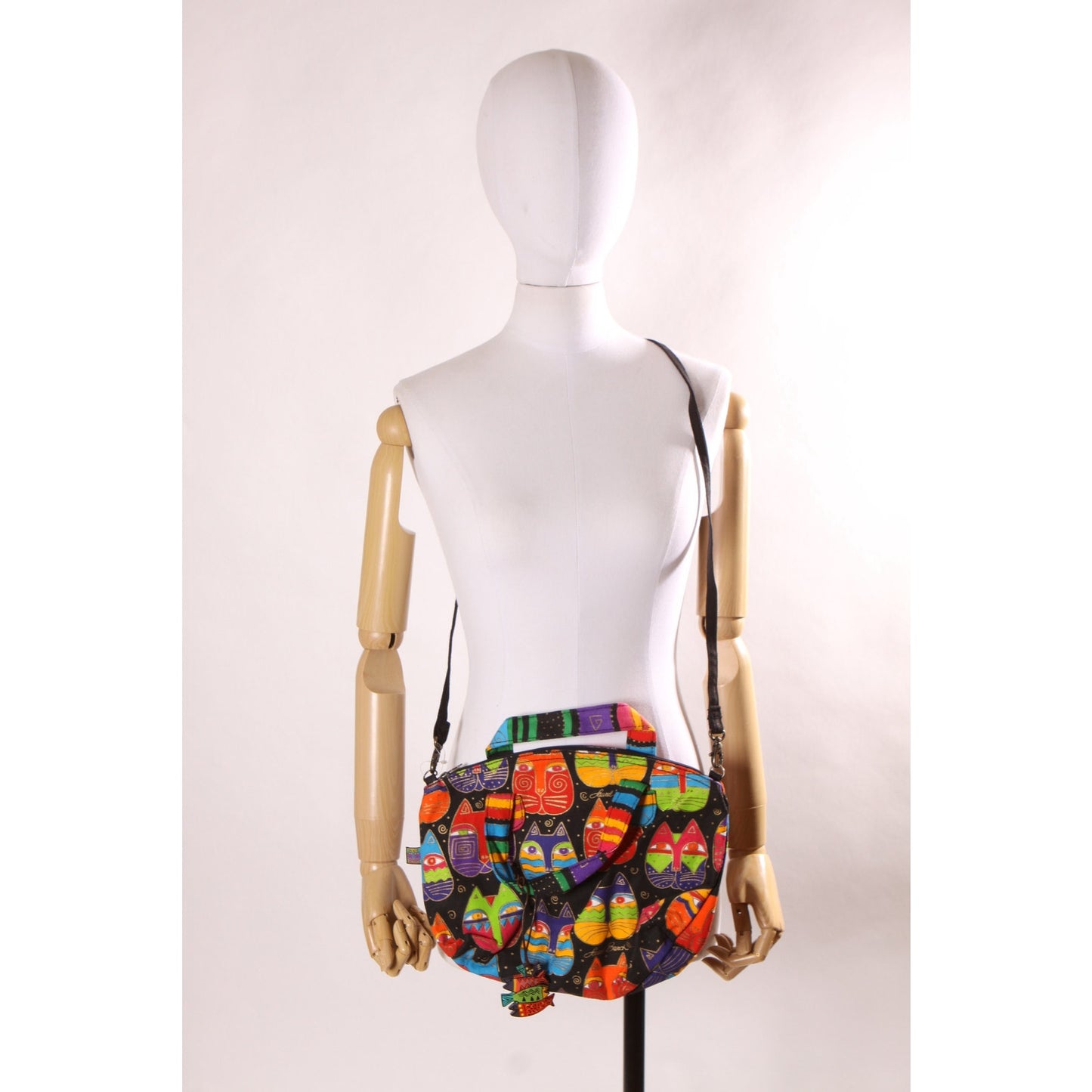 Deadstock 1980s Novelty Rainbow Multi-Colored Cat Print Top Handle Crossbody Shoulder Strap Purse by Laurel Burch
