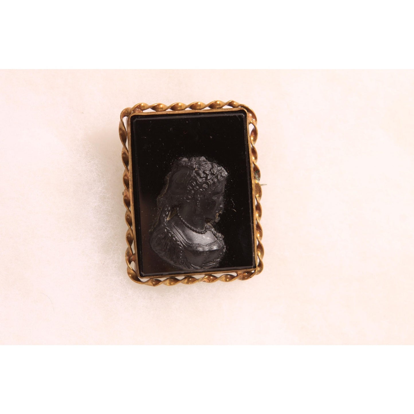 Antique Victorian 1800s Black Glass Cameo Square Gold Tone Metal Cameo Brooch