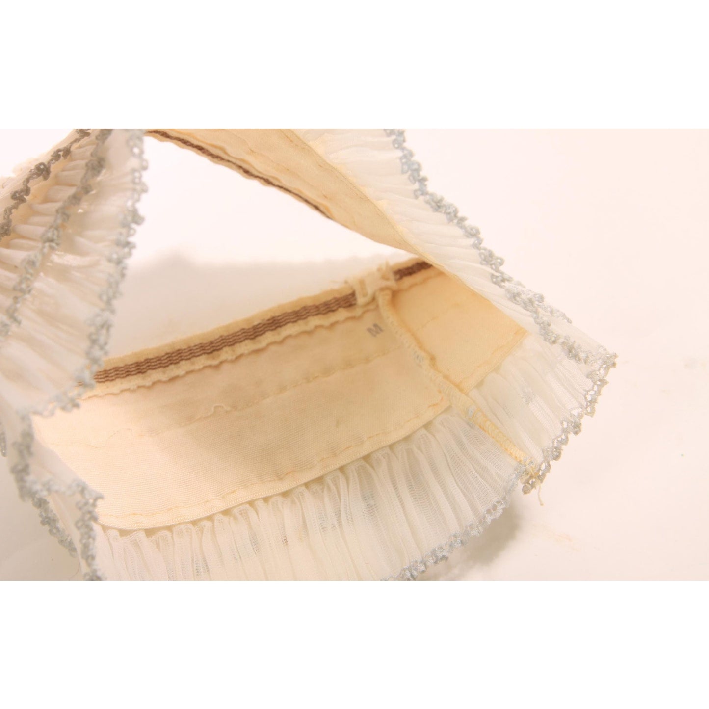 Deadstock Antique 1920s Cream, Blue and Pink Ruffle Set of 2 Garters with Pink and Blue Marcasite Garter Belt Straps and Lingerie Clasps