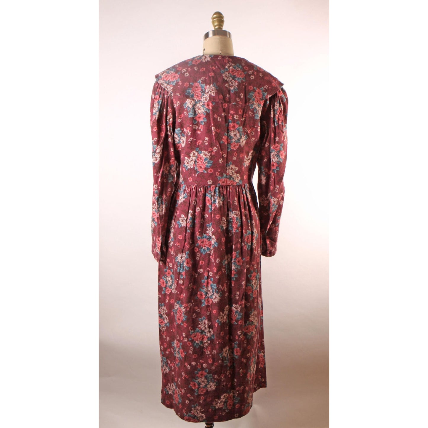 1980s Burgundy, Pink and Green Floral Sailor Collar Long Sleeve Dress by Laura Ashley-L
