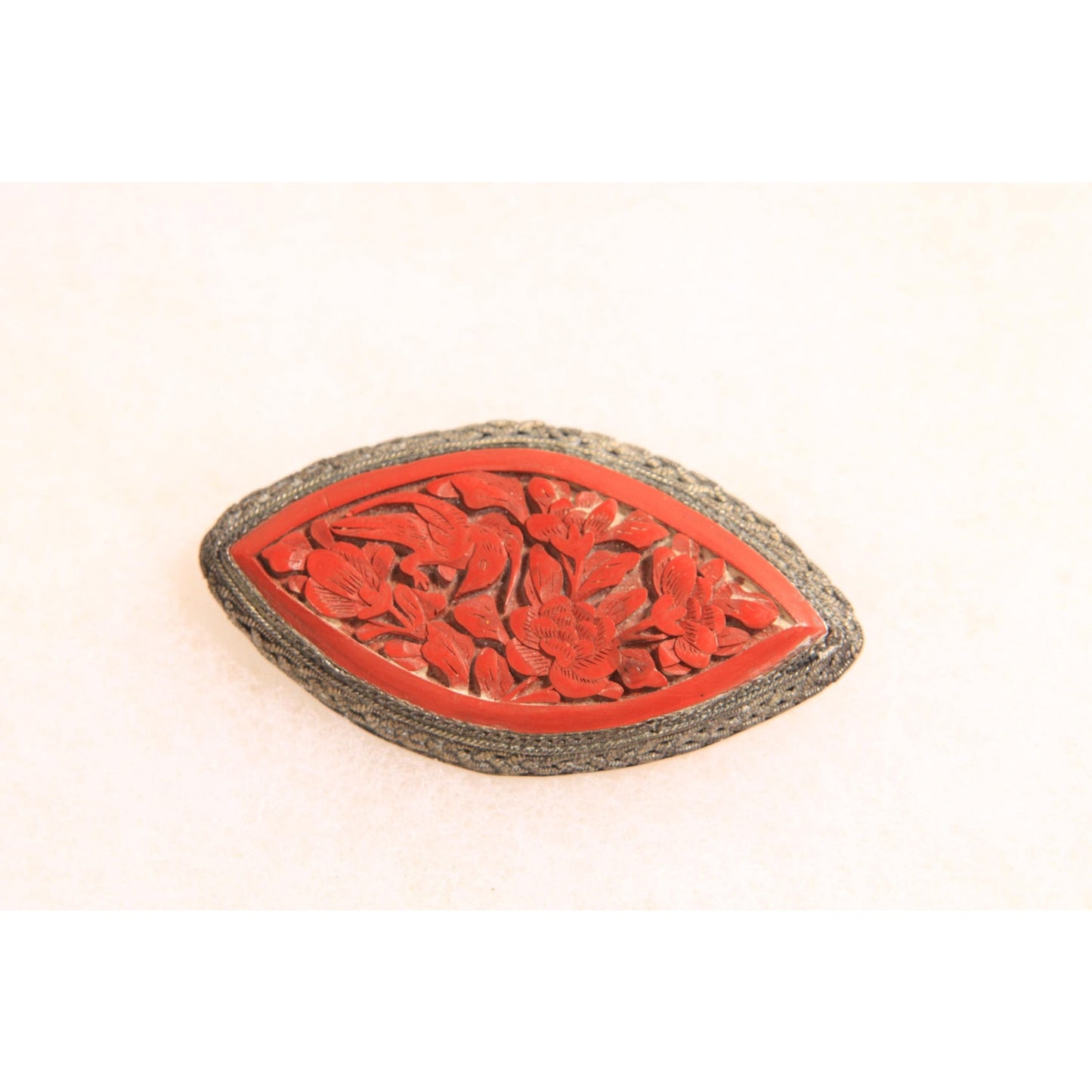 1930s Silver Tone Metal and Red Cinnabar Flower Brooch