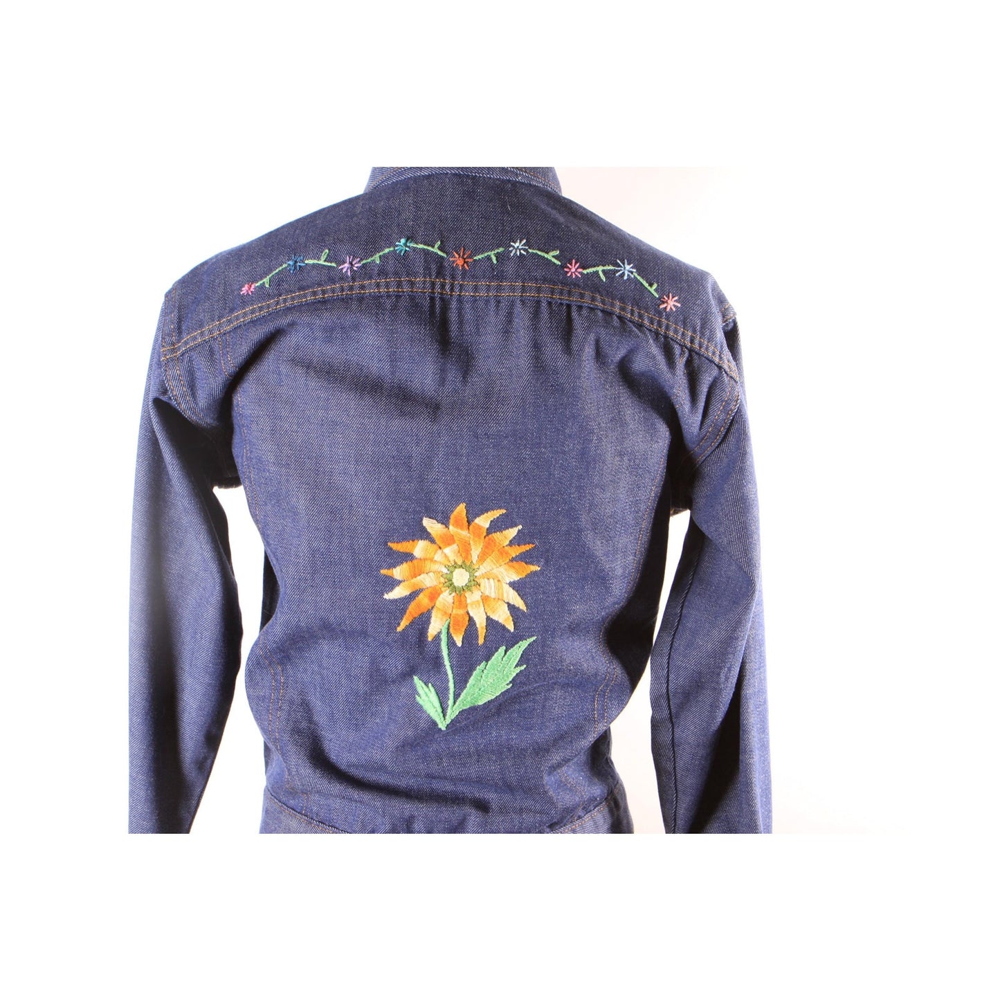 1970s Blue Denim Novelty Embroidered Floral Flowers Sunflowers and Strawberry Cropped Denim Jacket by Levi's -M