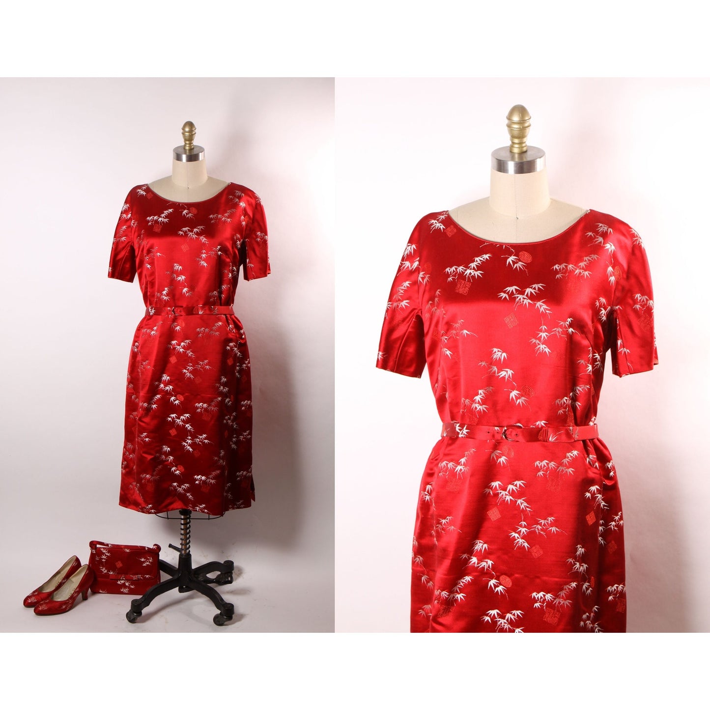 1960s Red Brocade Chinese Short Sleeve Belted Dress with Matching Purse and High Heels by Blue Sky Shoes -XL