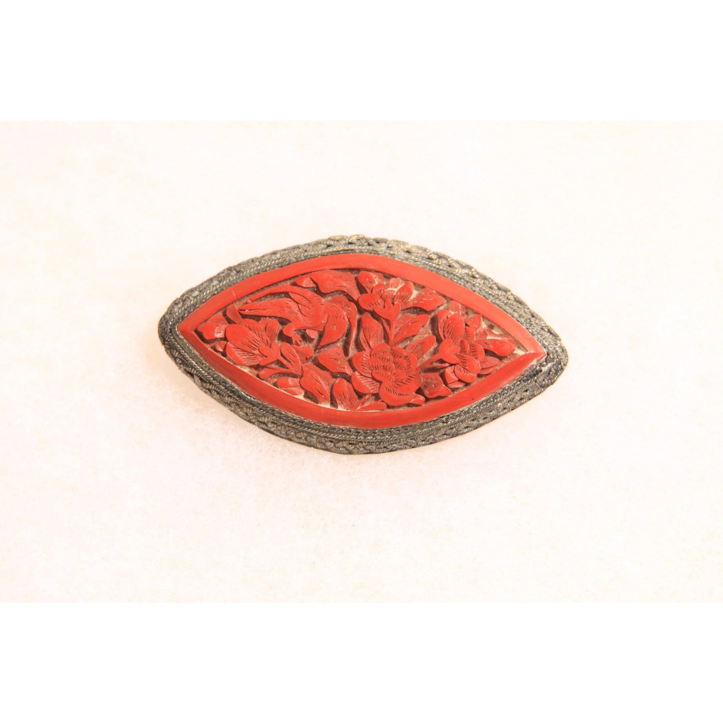 1930s Silver Tone Metal and Red Cinnabar Flower Brooch