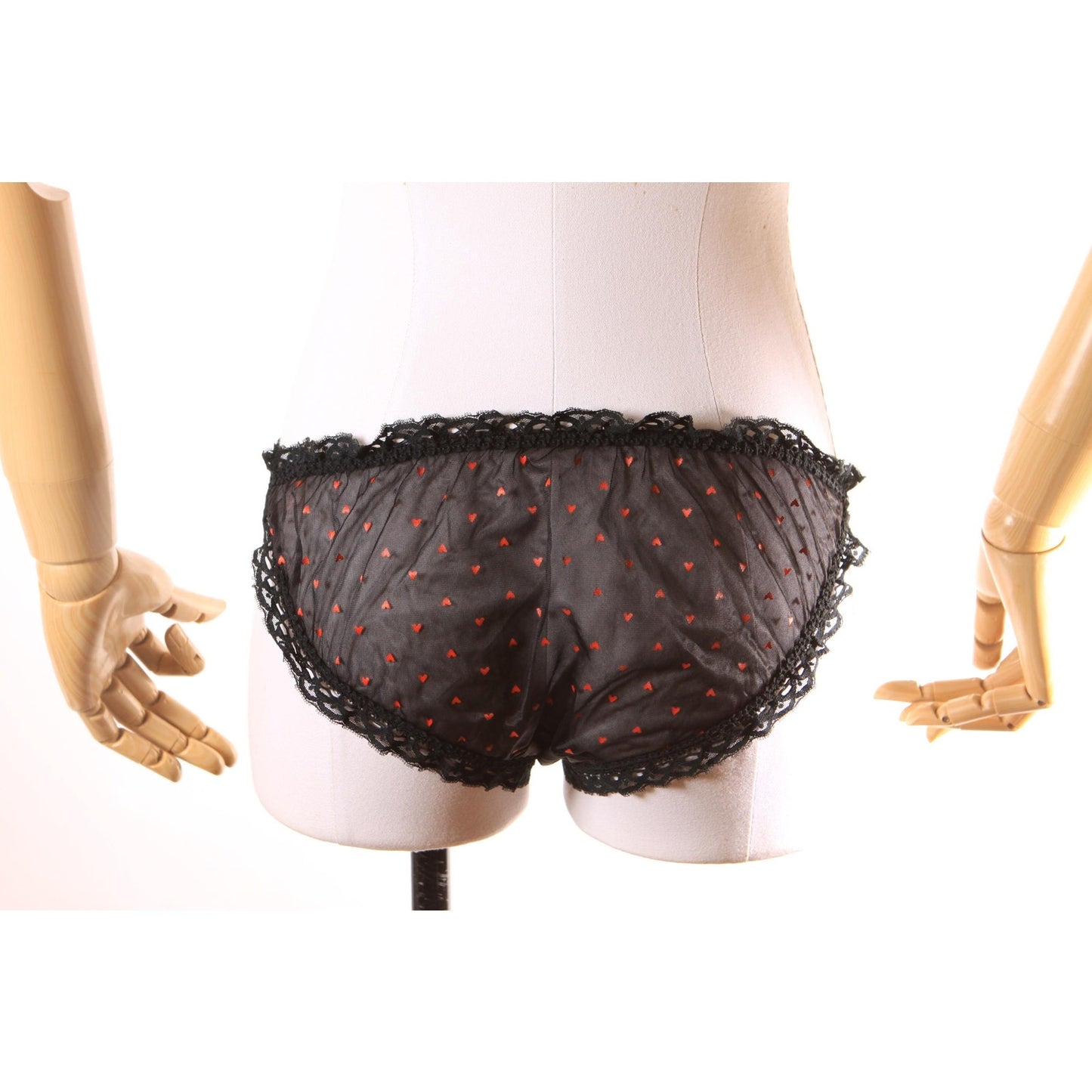 Late 1960s Early 1970s Black and Red Sheer Novelty Heart Print Underwear Panties