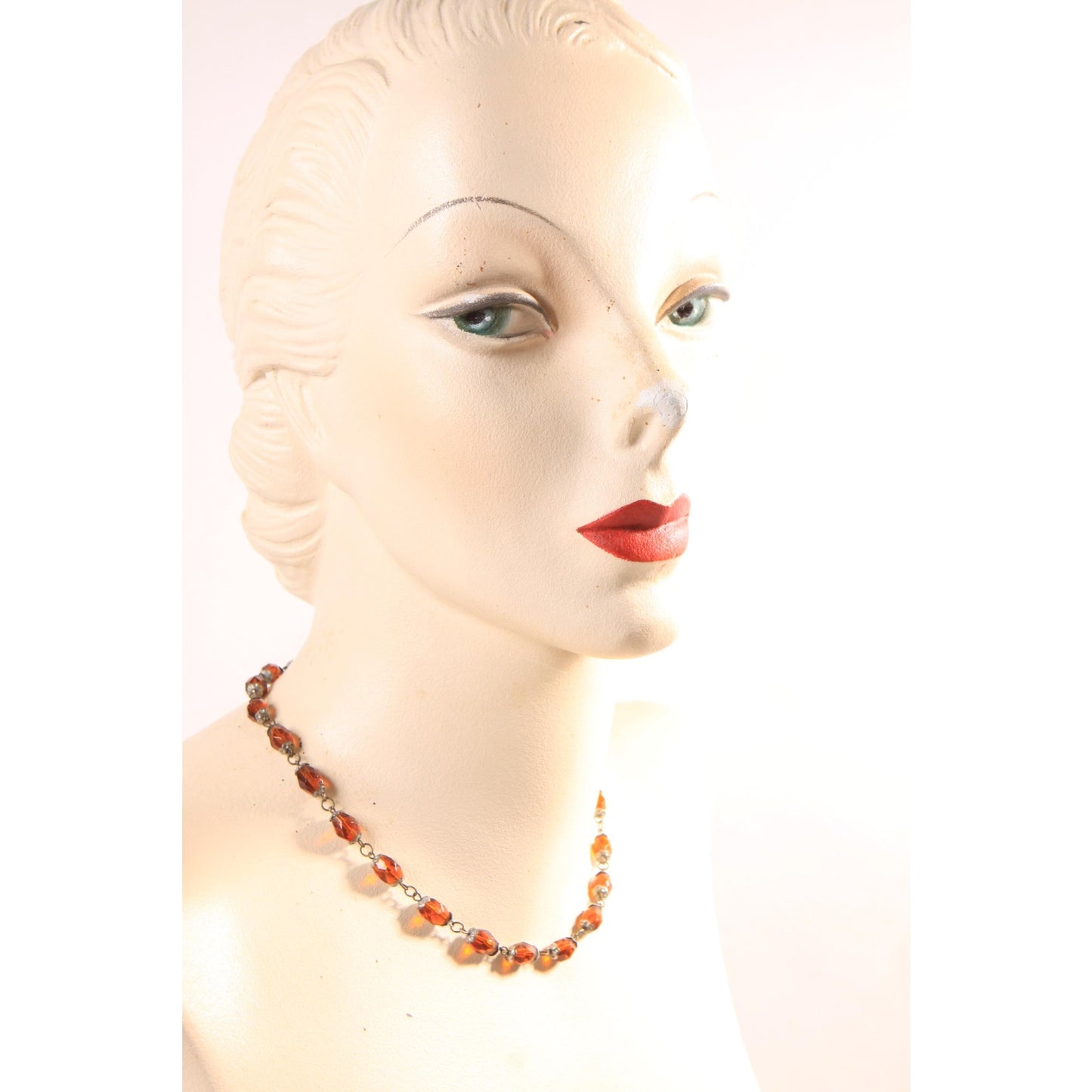 1940s 1950s Brass Tone Amber Glass Beaded Faceted Necklace