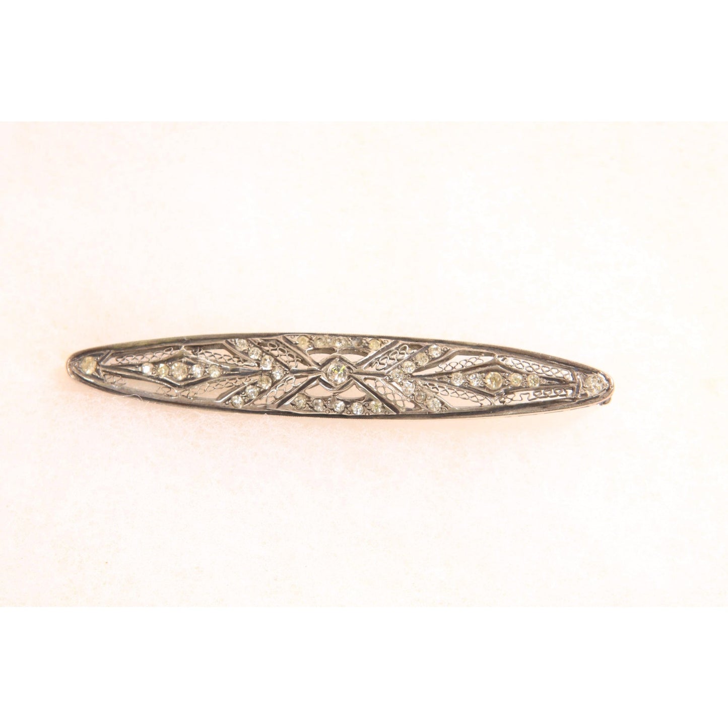 Antique 1920s Silver Tone Metal Marcasite Oval Bar Brooch