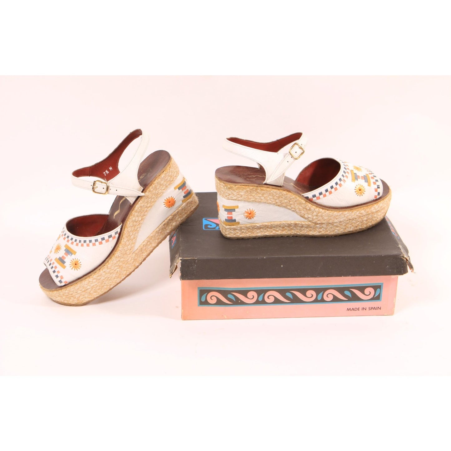 1970s White, Blue, Tan and Yellow Boho Platform High Heel Sandals Shoes by Nina-Size 7 1/2M