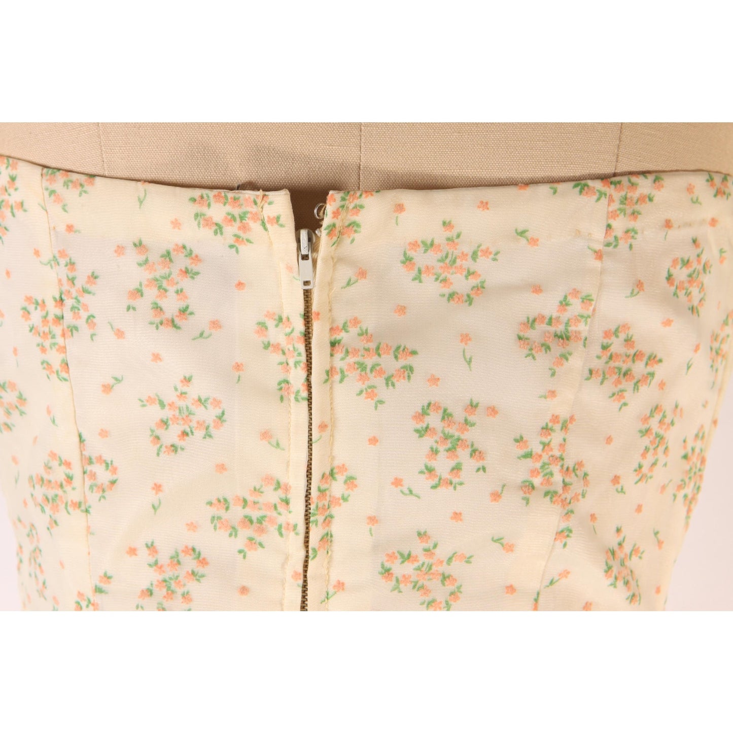 1940s Cream Off White Pink and Green Floral Bow Flocked Velvet Strapless Floor Length Formal Dress