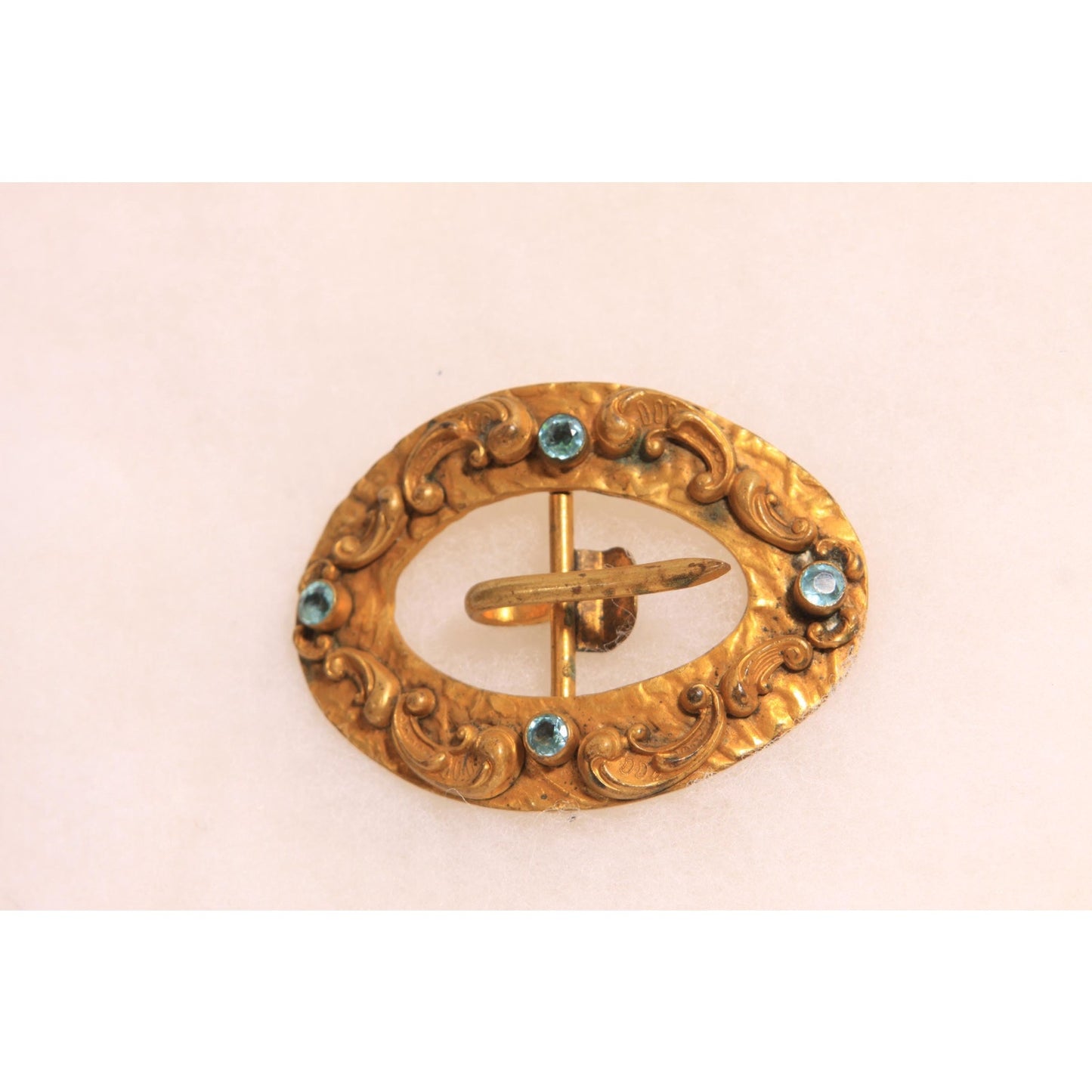 Antique 1900s Edwardian Gold Tone Metal and Blue Stone Art Nouveau Belt Buckle