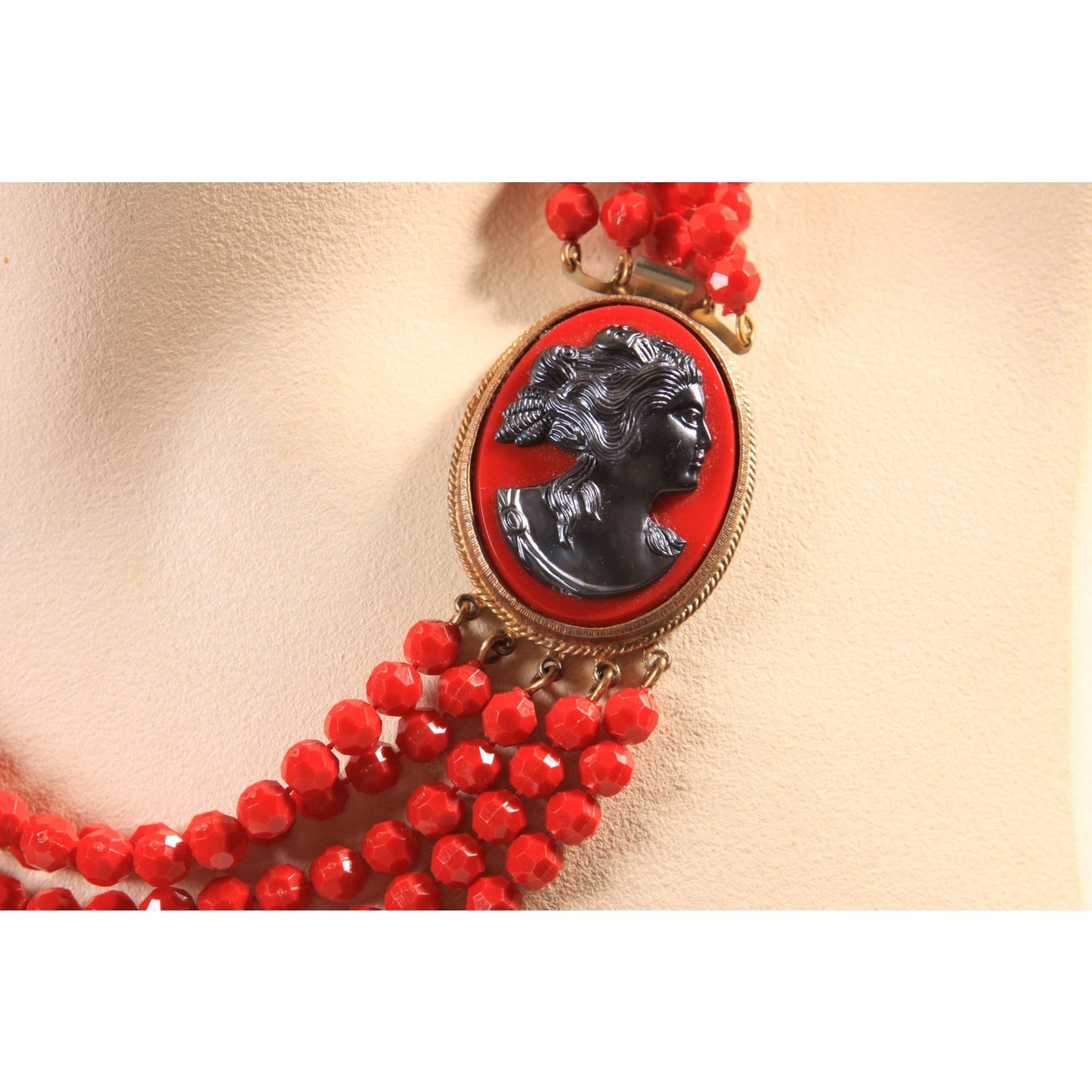 1950s 1960s Red Plastic Beaded Multi-Strand Red and Black Cameo Necklace