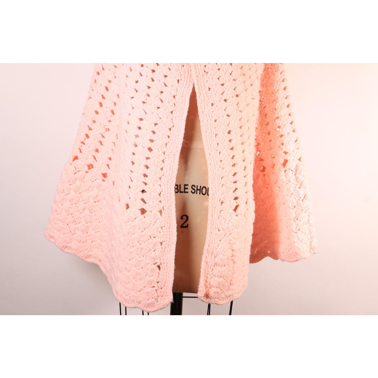 Late 1960s Early 1970s Pastel Pink Crochet Shawl Wrap