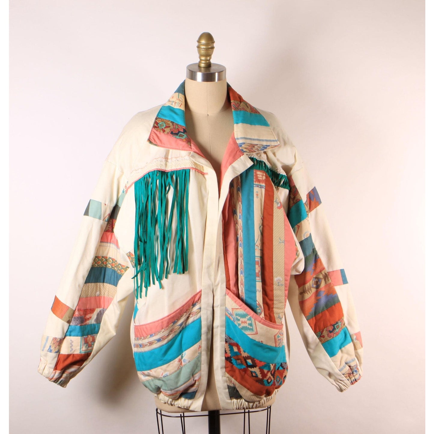 1980s Multi-Colored Cream, Teal Blue Green, Pink and Tan Patchwork Quilt Fringe Open Front Southwestern Coat -L-XL