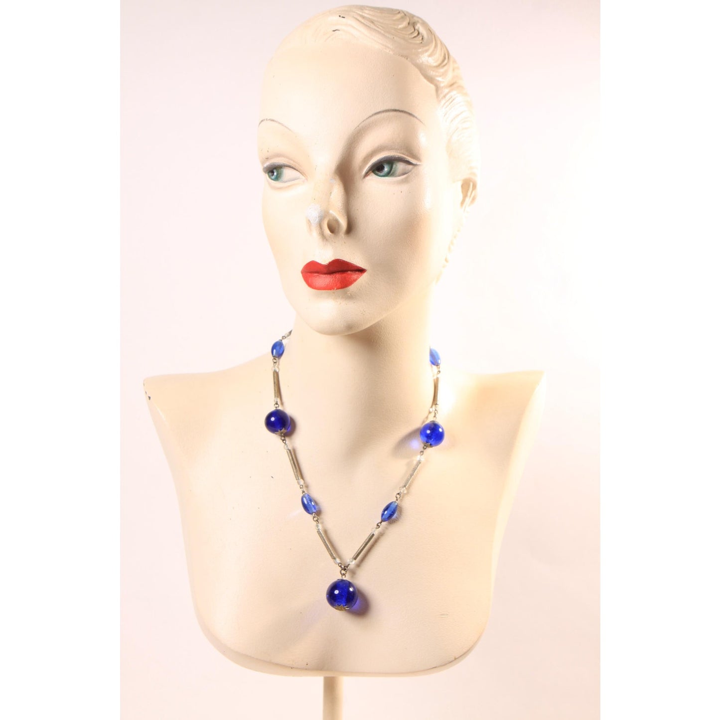 Vintage Clear Blue Glass Orb Circle Drop Pendant Silver Tone Metal Beaded Necklace