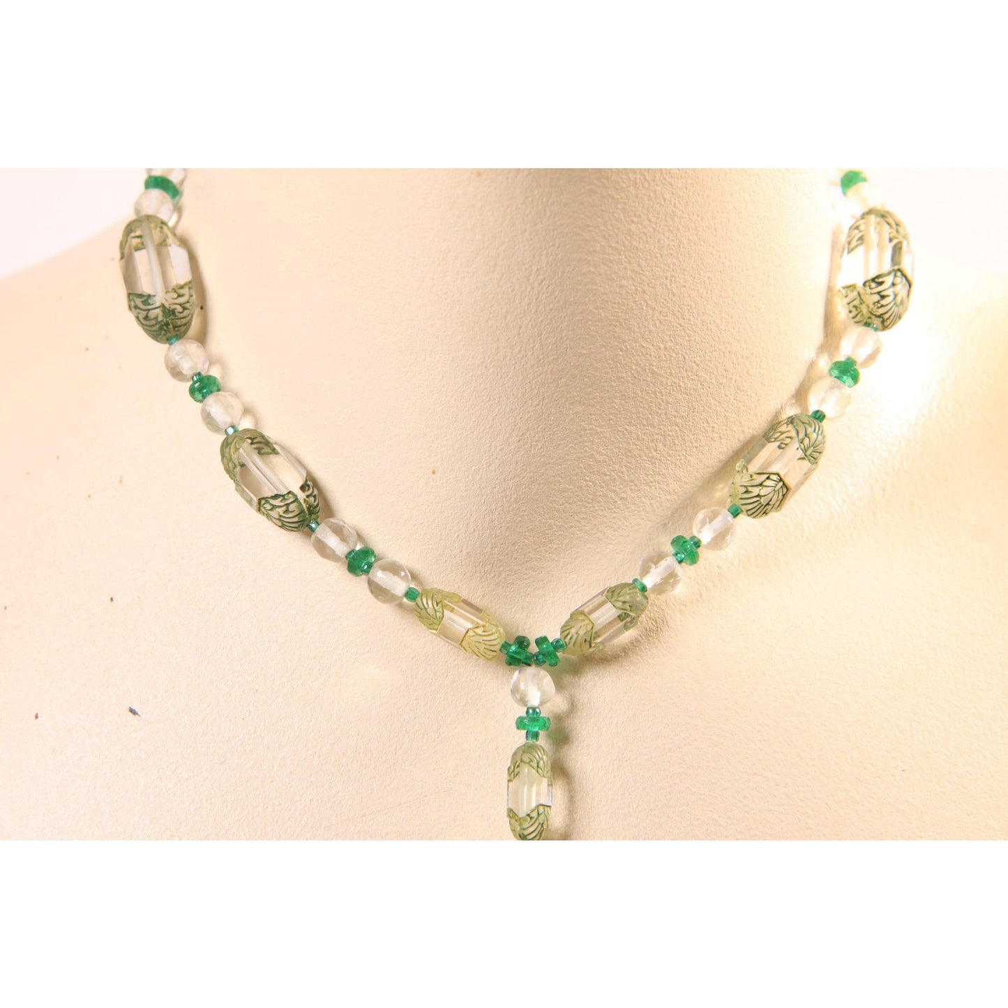1930s Clear Glass and Green Floral Etched Art Deco Drop Chain Necklace