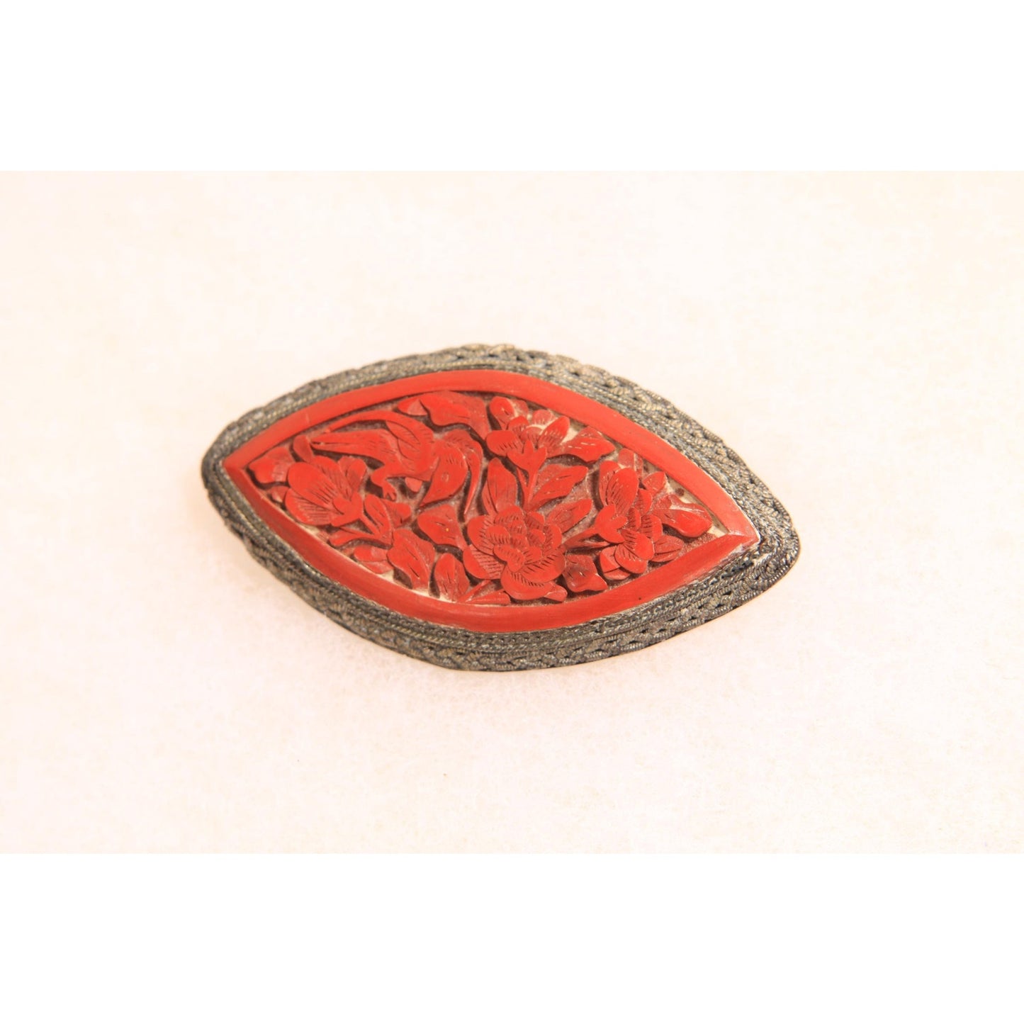 1930s Silver Tone Metal and Red Cinnabar Flower Brooch