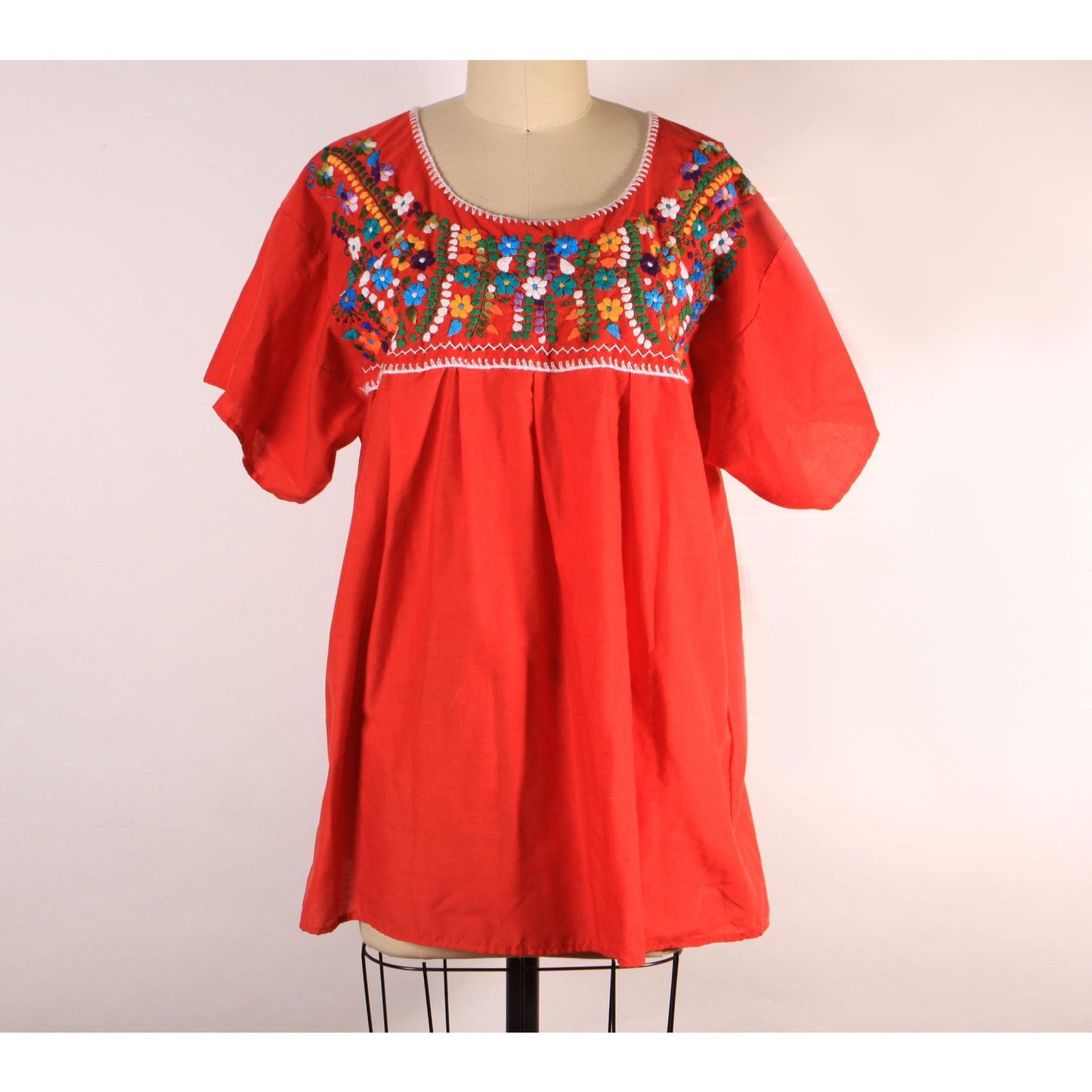 1970s Red Short Sleeve Multi-Colored Floral Embroidery Pueblan Mexican Blouse -1XL