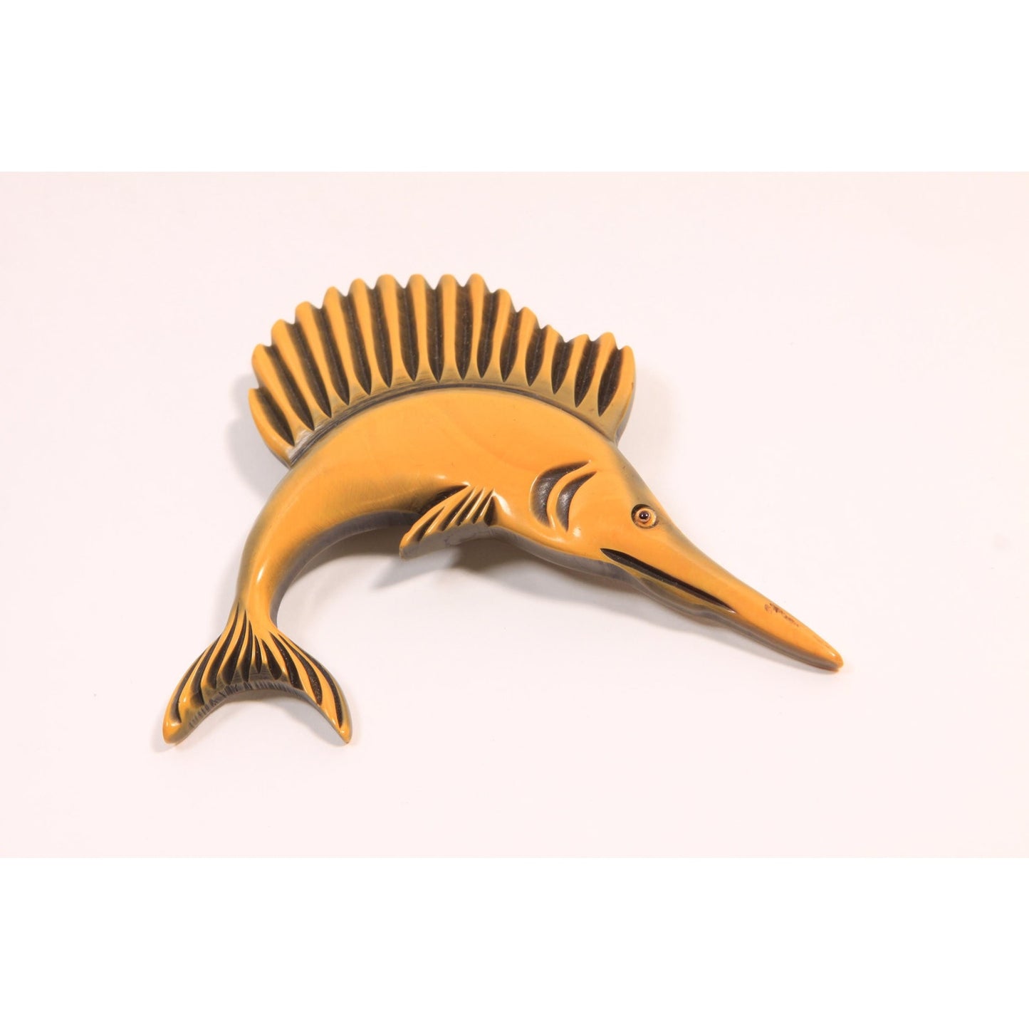 1940s 1950s Novelty Yellow Carved Bakelite Marlin Sailfish Swordfish Brooch