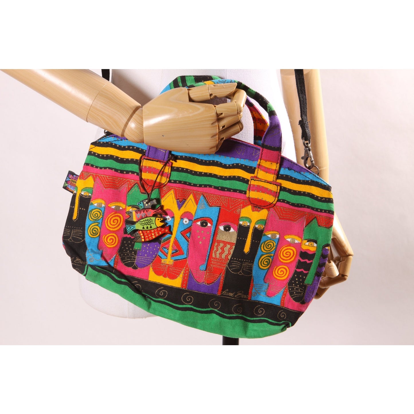 Deadstock 1980s Novelty Rainbow Multi-Colored Cat Print Top Handle Crossbody Shoulder Strap Purse by Laurel Burch