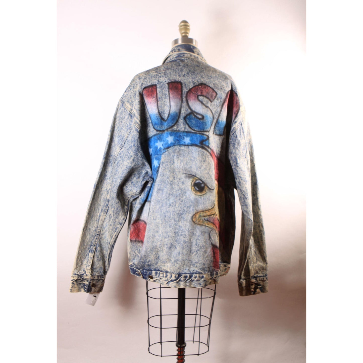 1980s Blue Denim Acid Wash Oversized Airbrush America Bald Eagle USA American Flag Jacket Coat by First Concept -L