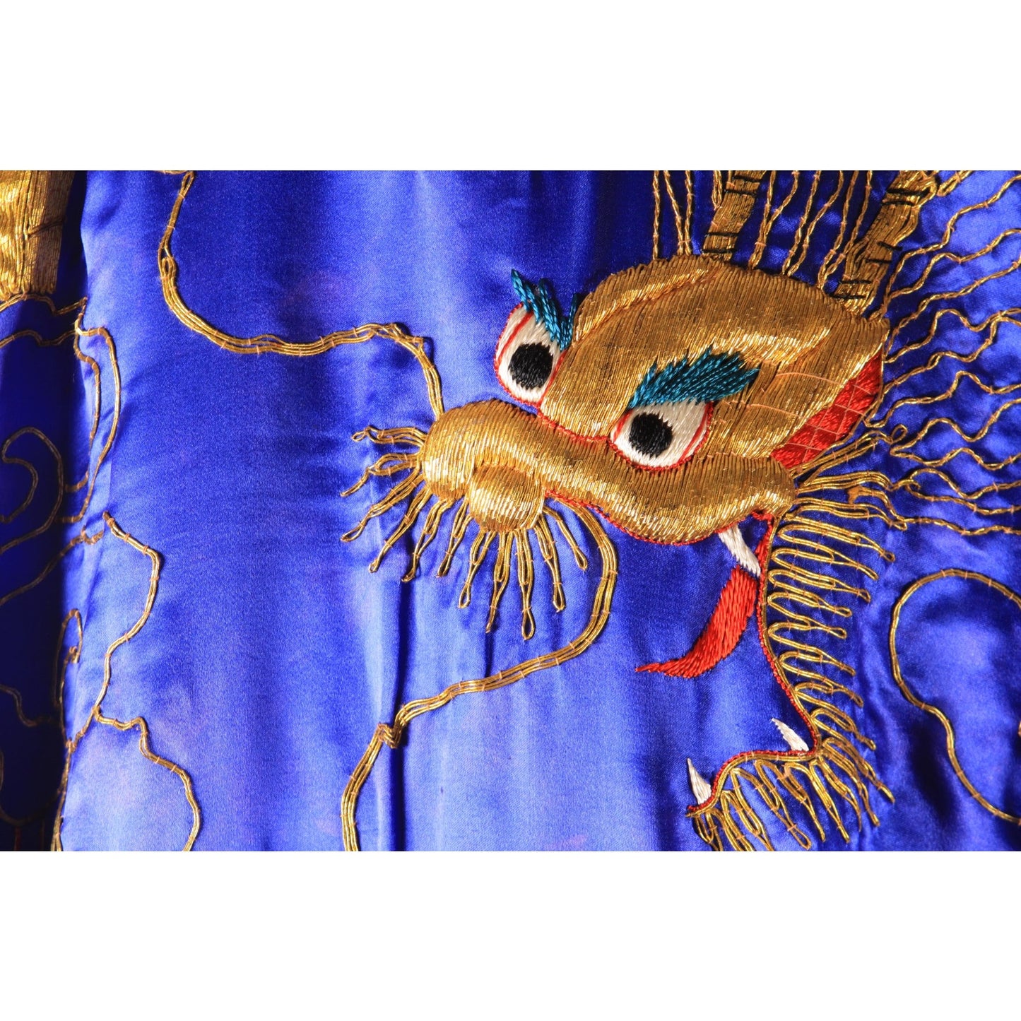 1950s Blue, Gold and Red Novelty Japanese Dragon Waist Tie Robe Kimono-L