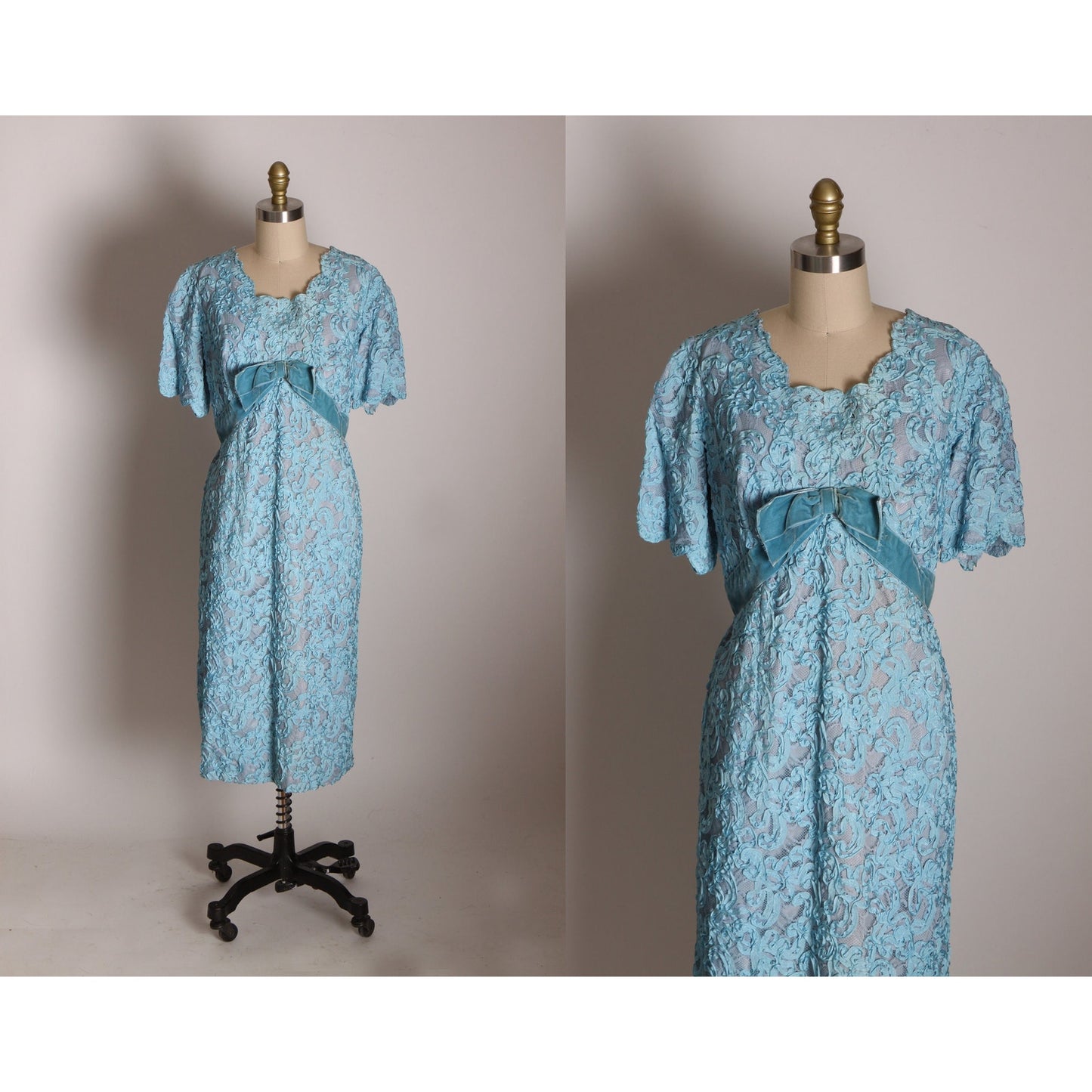 Early 1960s Blue Soutache Lace Short Sleeve Formal Blue Velvet Bow Dress with Matching 3/4 Length Sleeve Jacket -XL