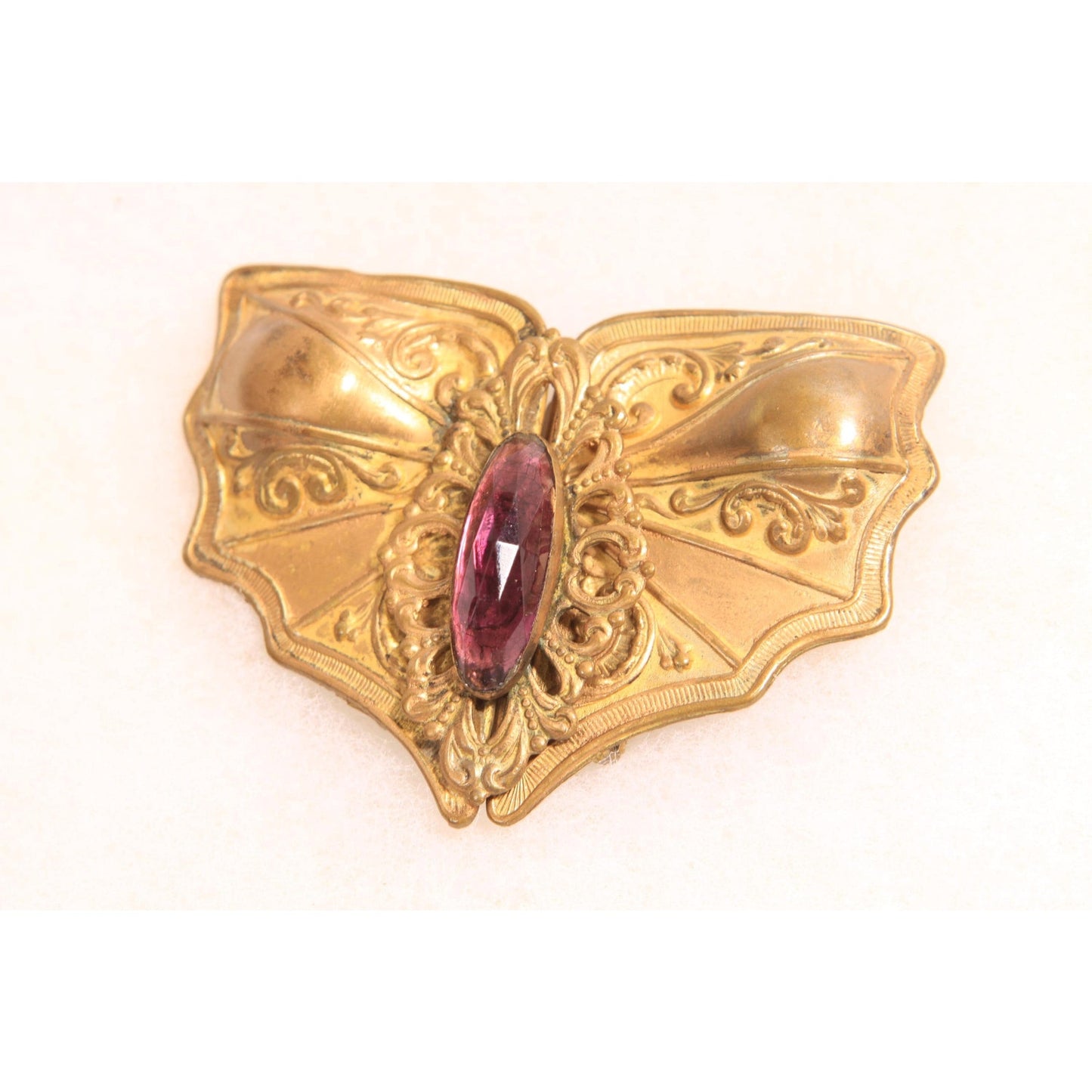 1930s Art Nouveau Gold Tone Metal Purple Stone Gothic Bat Wing Belt Buckle