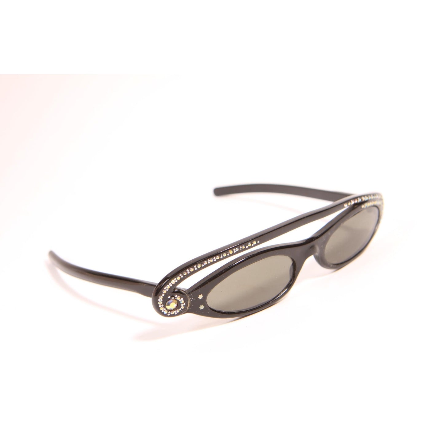 1950s Black and Silver Rhinestone Novelty Swirl Star France Cat Eye Sunglasses