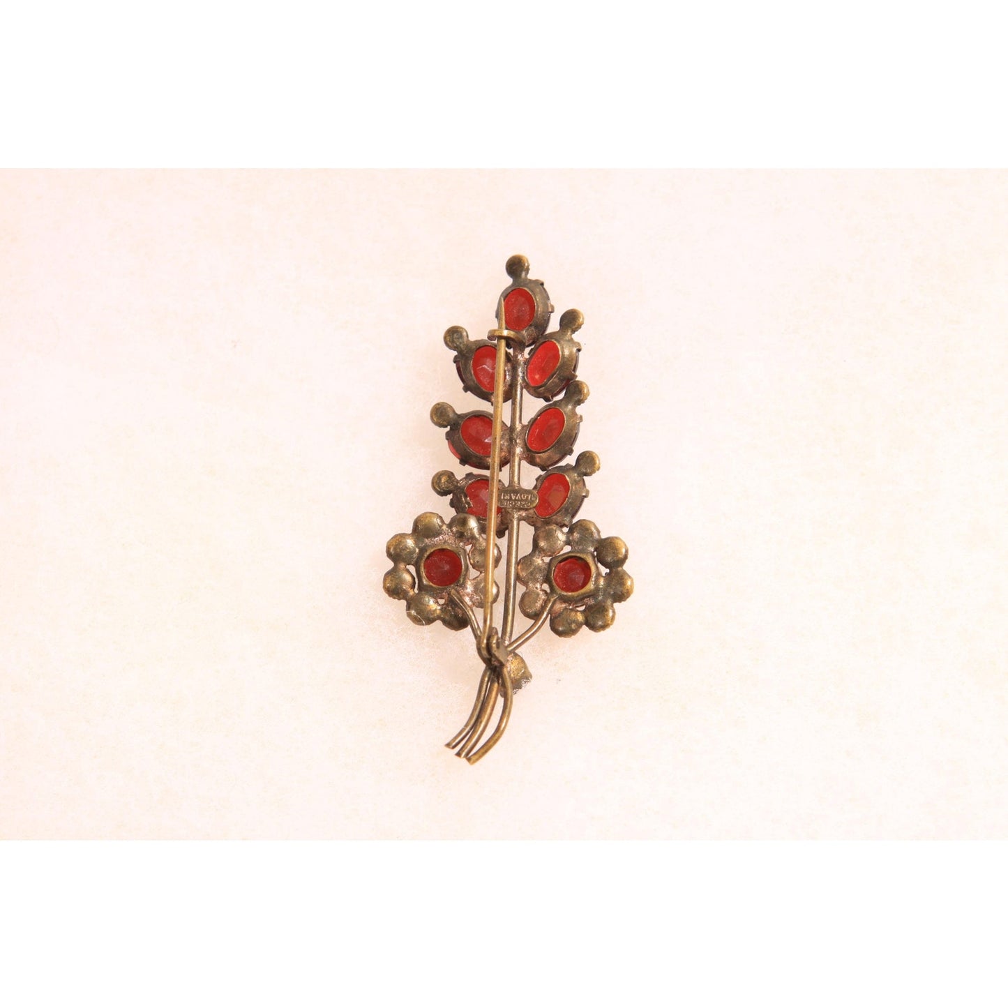 1930s Faux Garnet Red Glass Novelty Floral Leaf Bouquet Czech Slovakia Brooch
