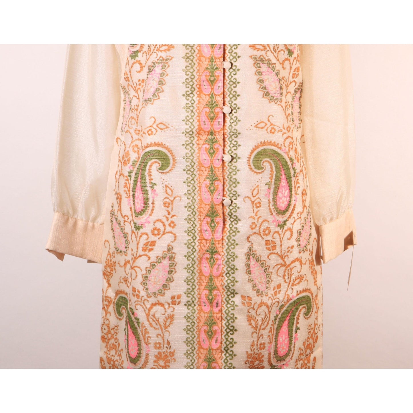 1960s Pale Beige Pink and Green Swirl Paisley Print Sheer Long Sleeve Hawaiian Dress by Alfred Shaheen -S-M