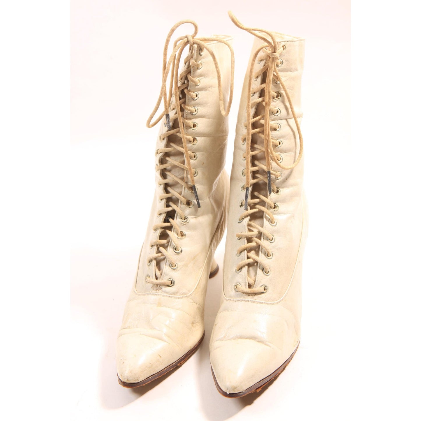 Antique 1800s Cream Leather Pointed Toe Lace Up High Heel Boots