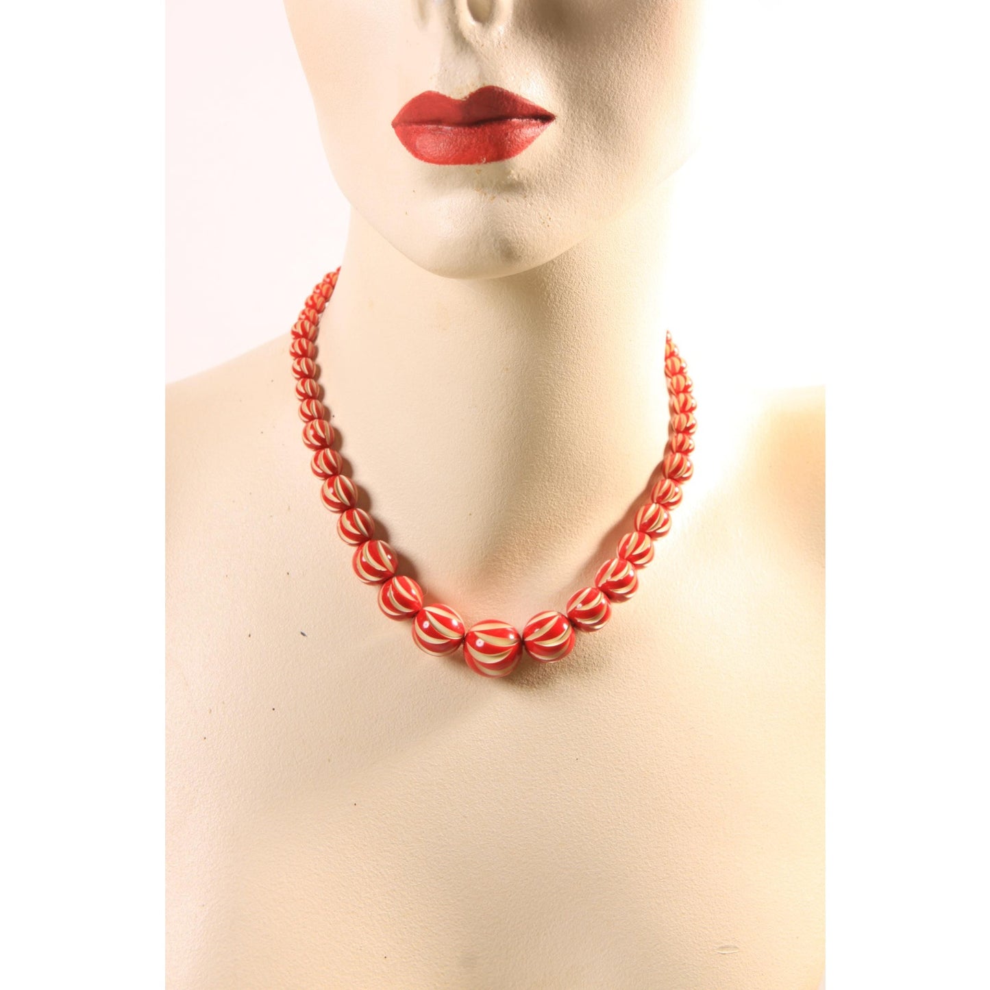 1920s Red and Cream Off White Carved French Galalith Beaded Necklace