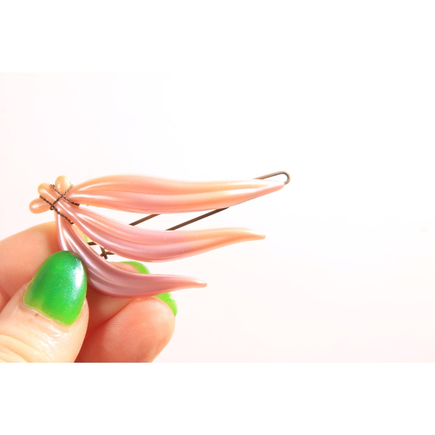 1940s 1950s Novelty Red Plastic Bow and Pink Leaf Hair Barrette Clip