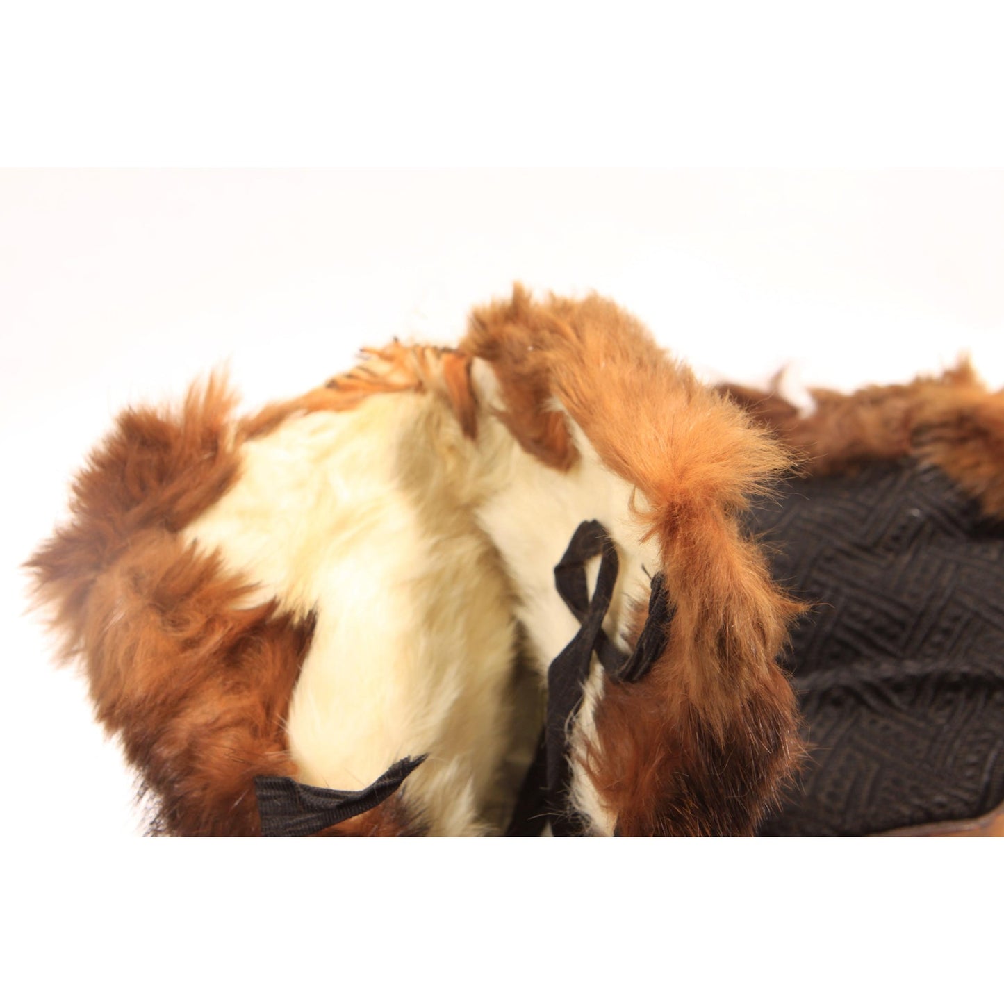 Antique 1800s Victorian Black and Brown Fur Lined and Fur Trim Lace Up Carriage Slipper Boots